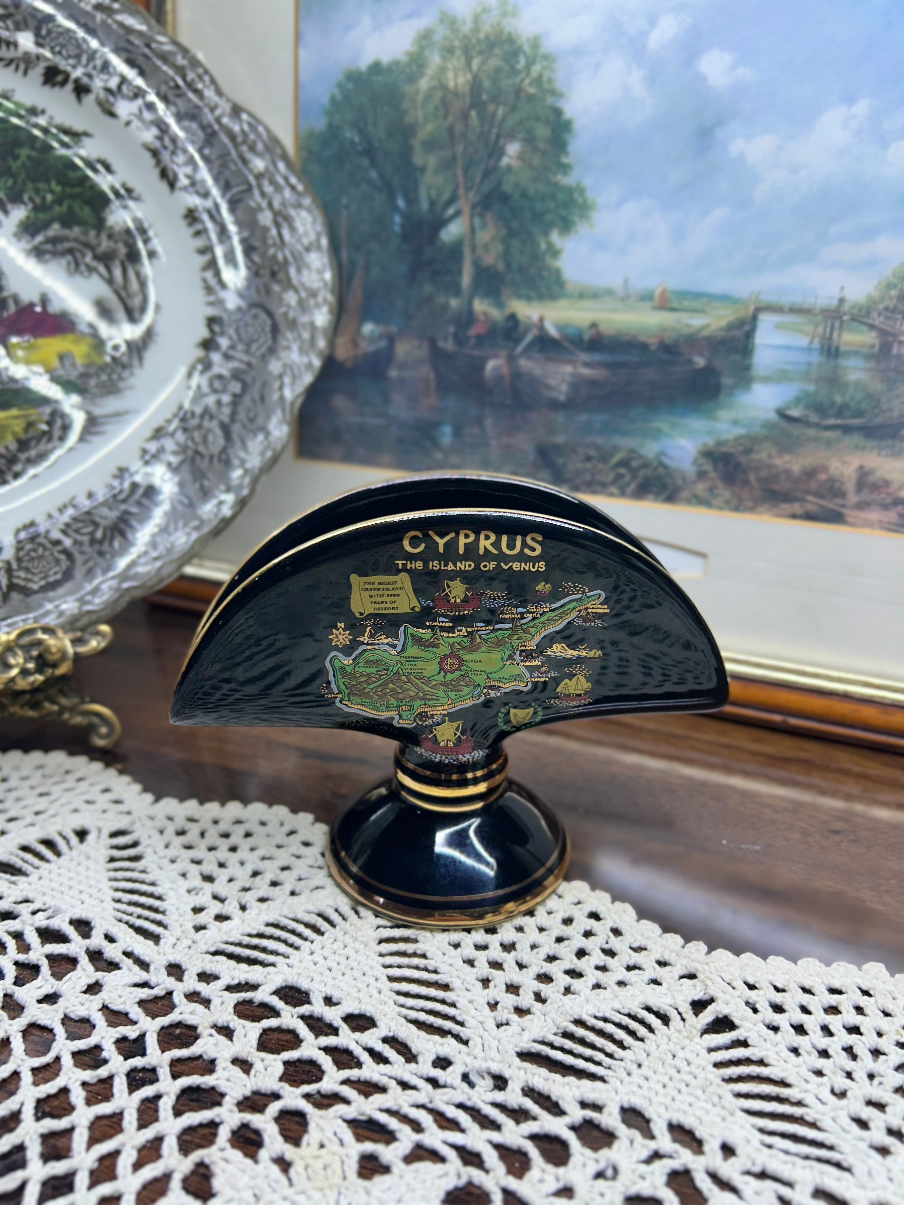 Vintage Stamped Hand Made in GREECE Black 24K Gold Decor CUPRUS Napkin Holder