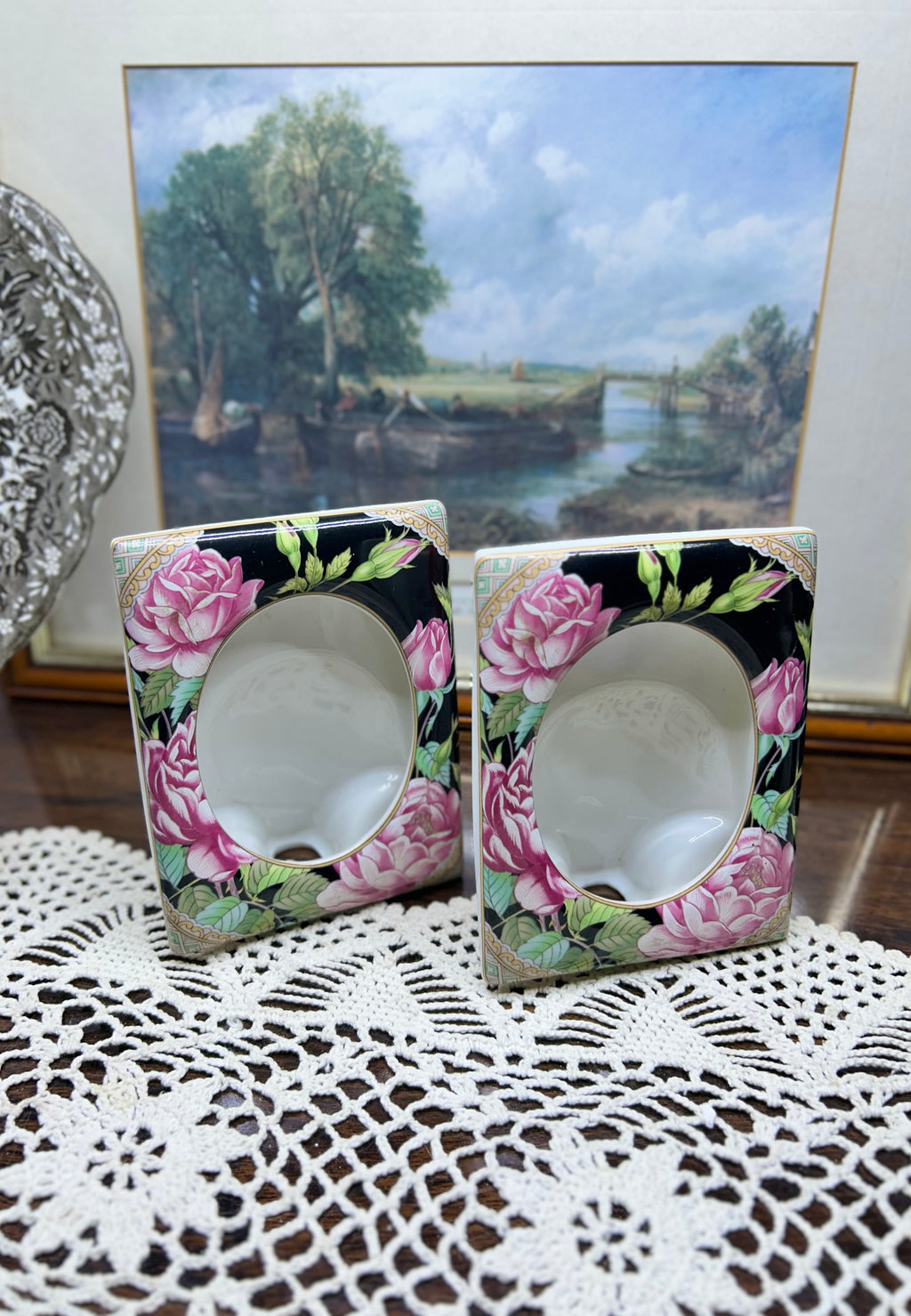 Vintage Lefton China porcelain picture frames with a hand-painted pink rose design — Set of 2 JAPAN