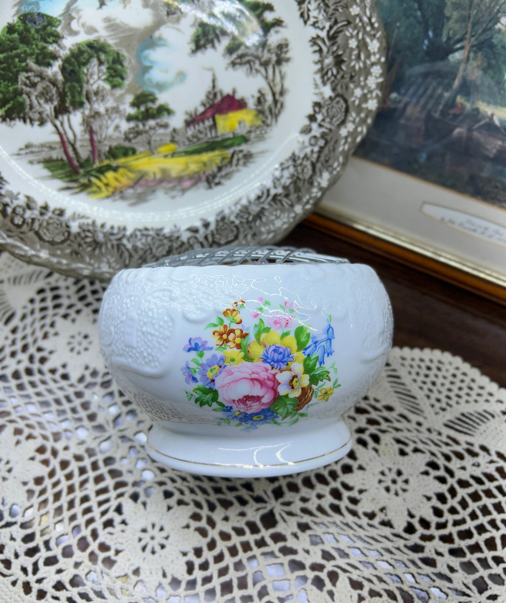 Vintage floral porcelain ROSE BOWL with etched floral motifs