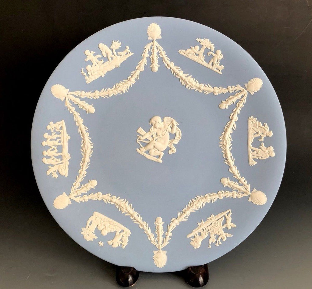 Vintage Wedgwood blue jasperware display plate — featuring classical white bas-relief cherub scenes (RARE FIND)