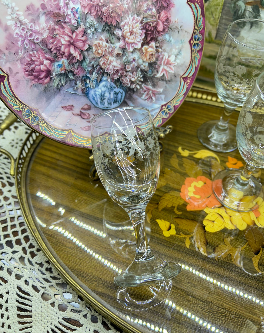 Libbey "Rose Bouquet" sherry glasses feature a delicate etched floral pattern — Set of 6
