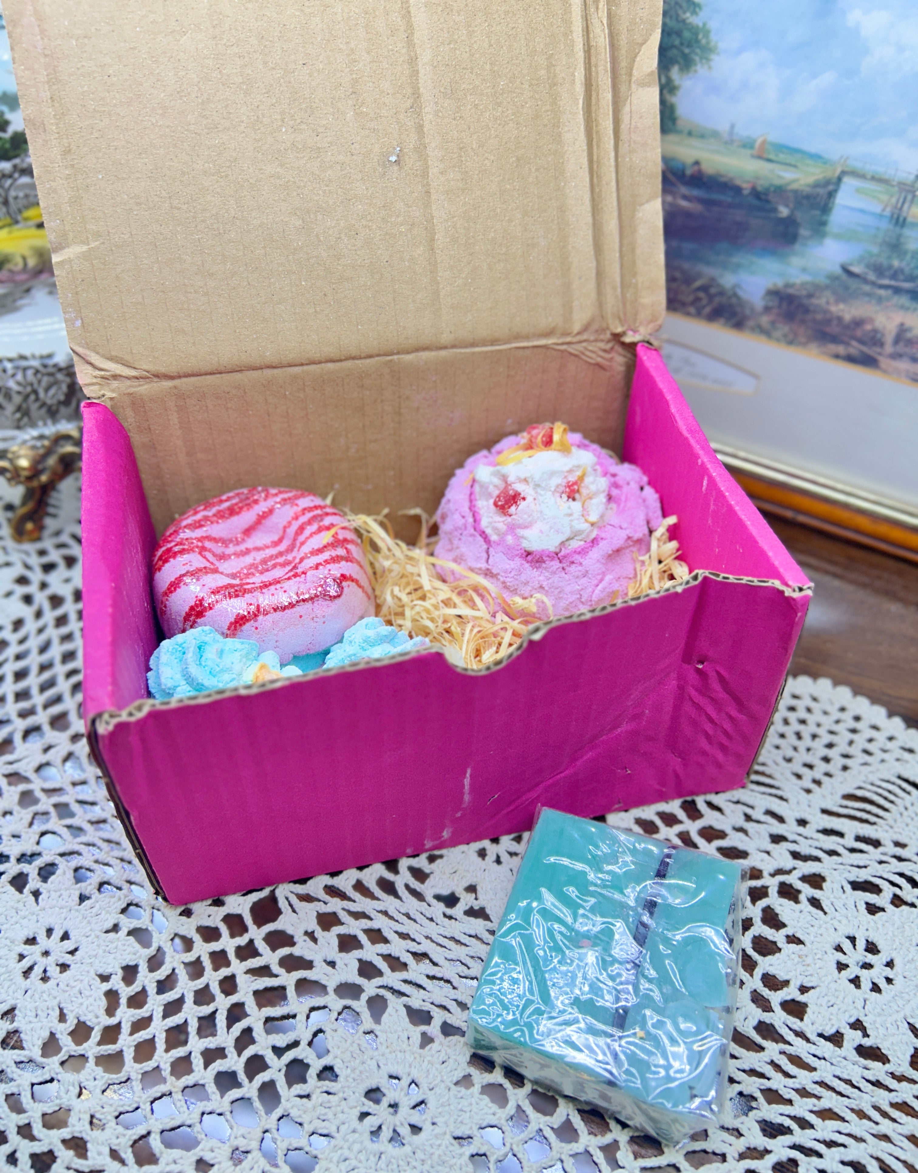 Bomb Cosmetics gift set featuring dessert-themed bath bombs and handmade soap — boxed