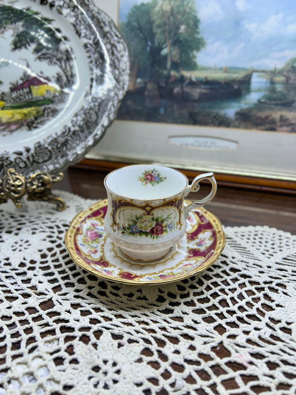 vintage Royal Albert & Queens teacup and saucer in the "Lady Hamilton" pattern — England