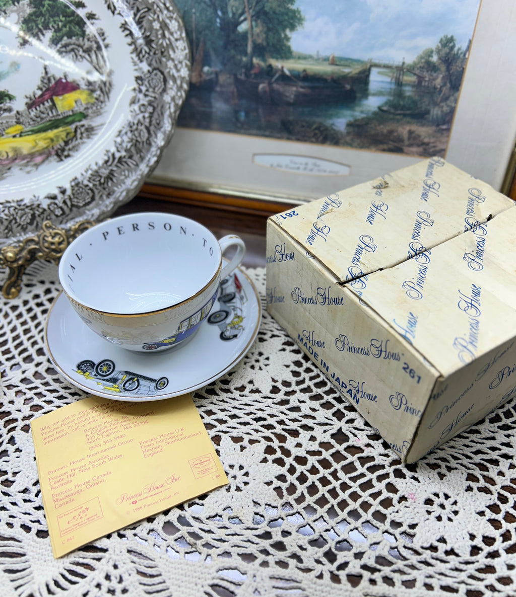 vintage Princess House cup and saucer set with antique car illustrations — Rare find