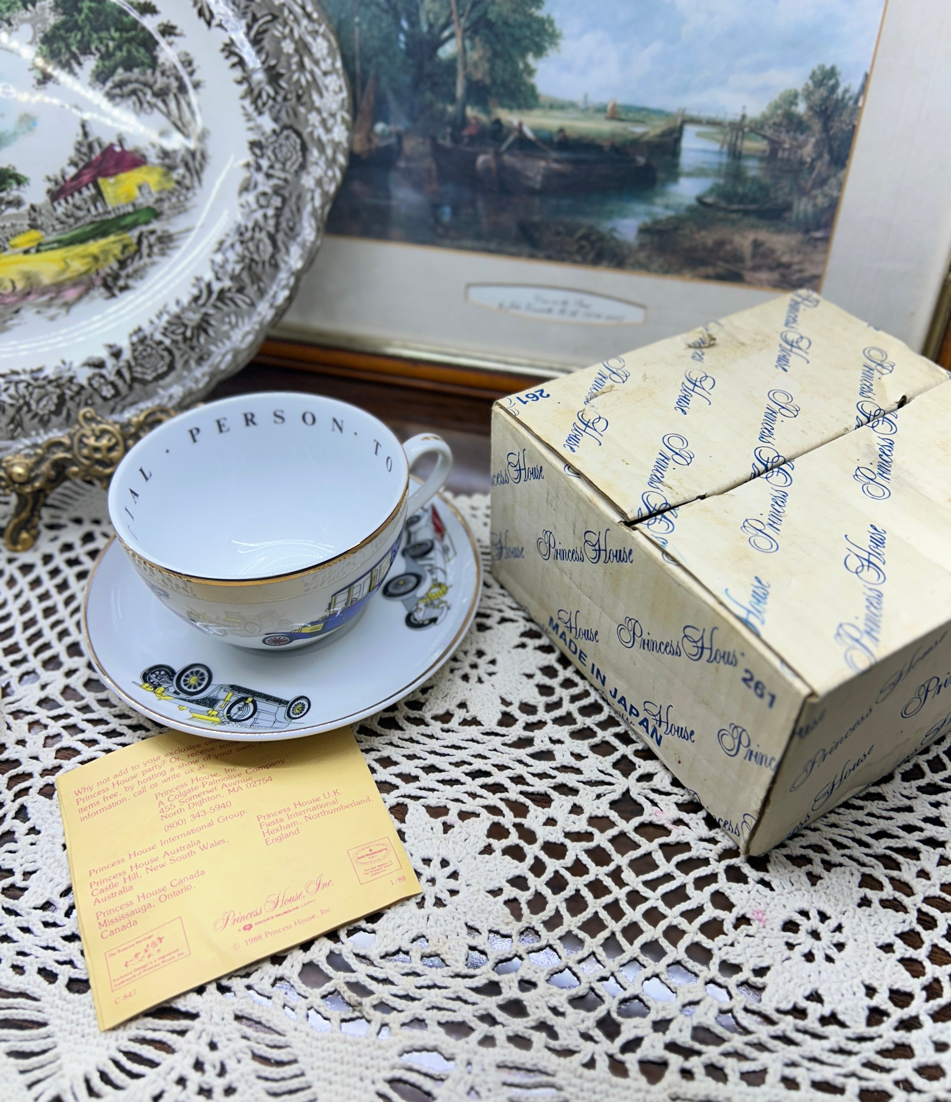 vintage Princess House cup and saucer set with antique car illustrations — Rare find