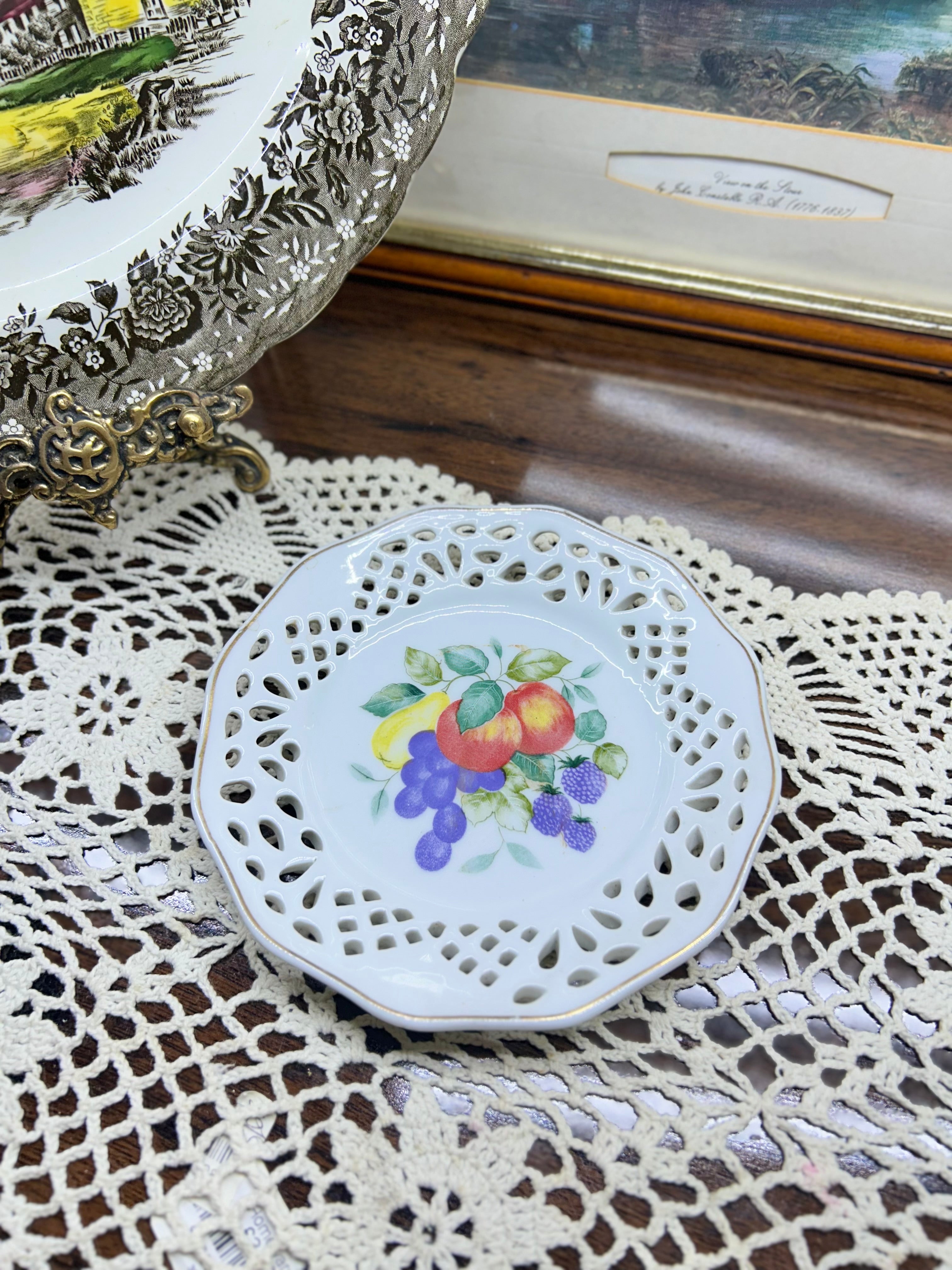Vintage reticulated decorative handpainted Cutwork plate