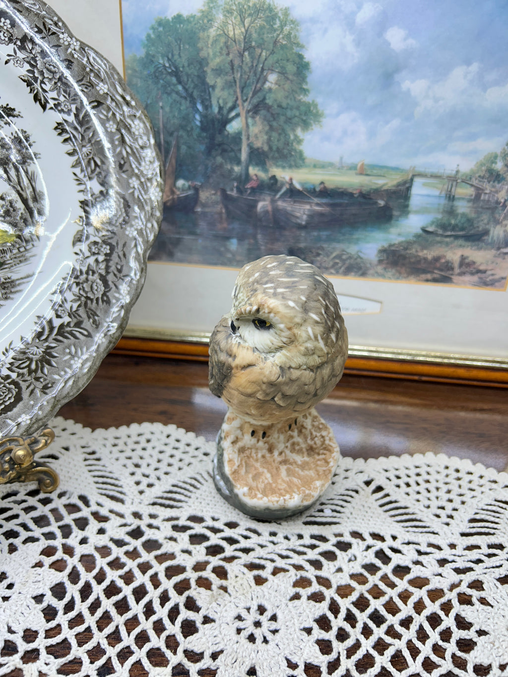 Vintage hand painted owl figurine 5”