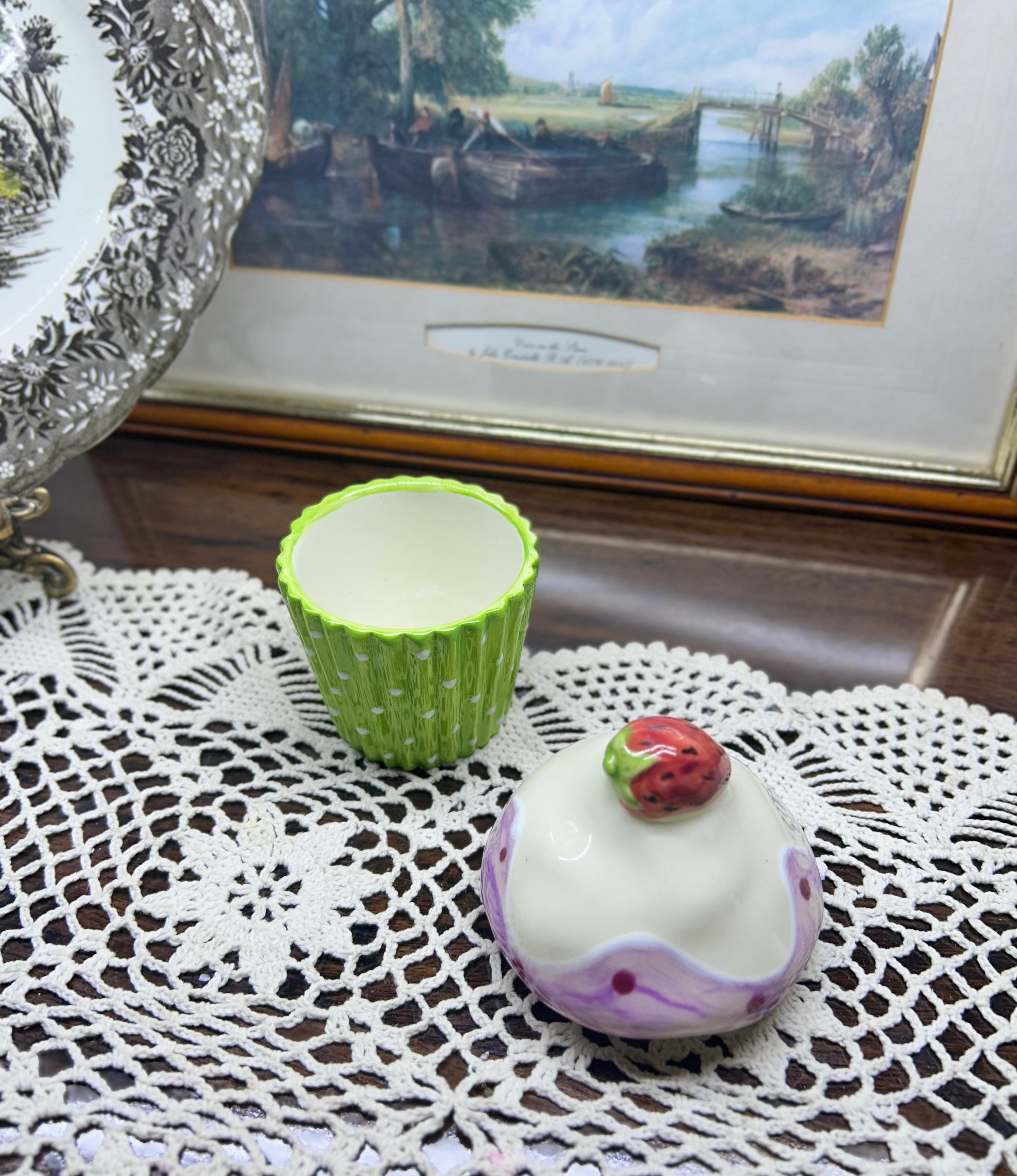 Ceramic hand-painted Strawberry cupcake trinket box