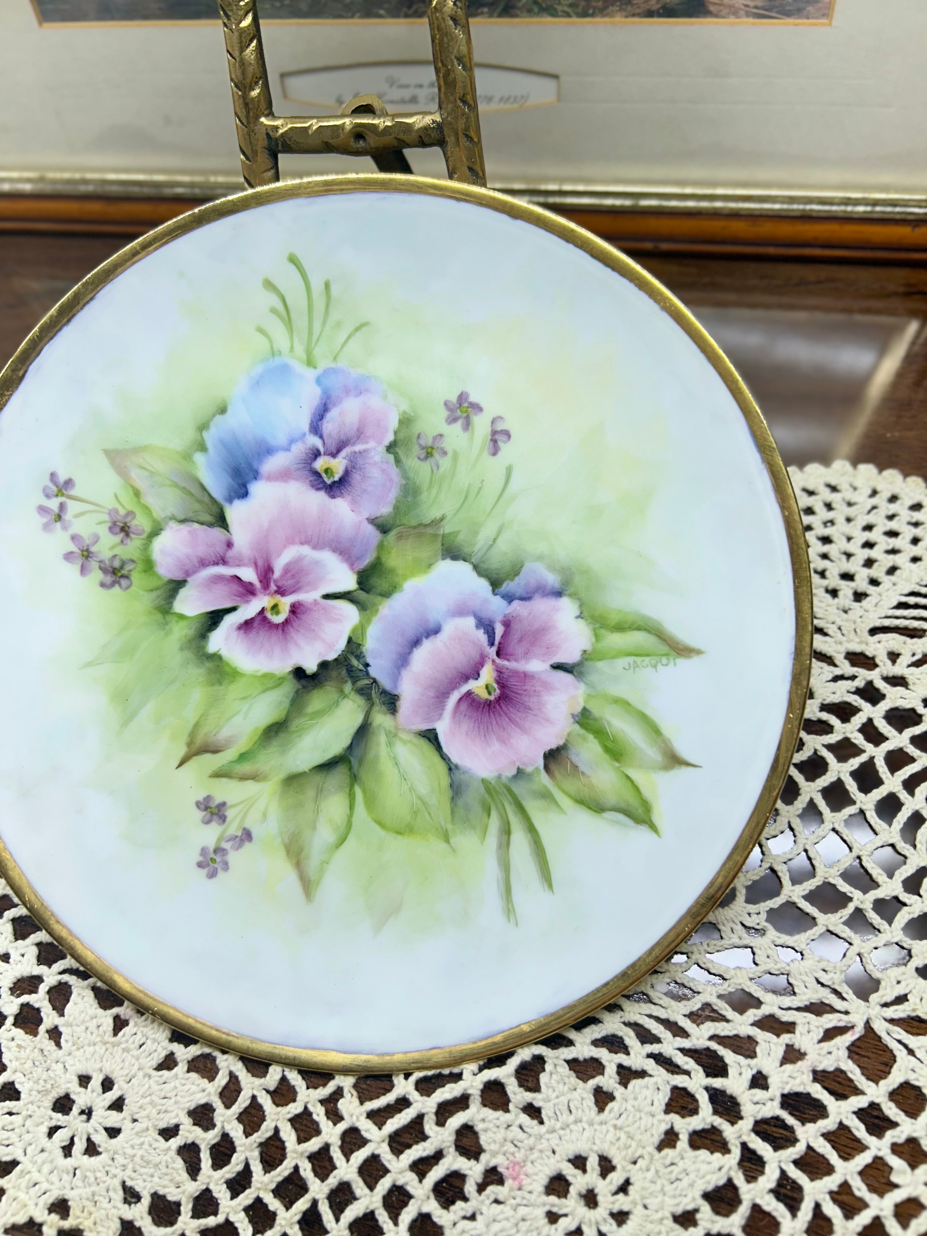Vintage hand-painted purple pansies wall plate, signed by artist S. Roberts 1993