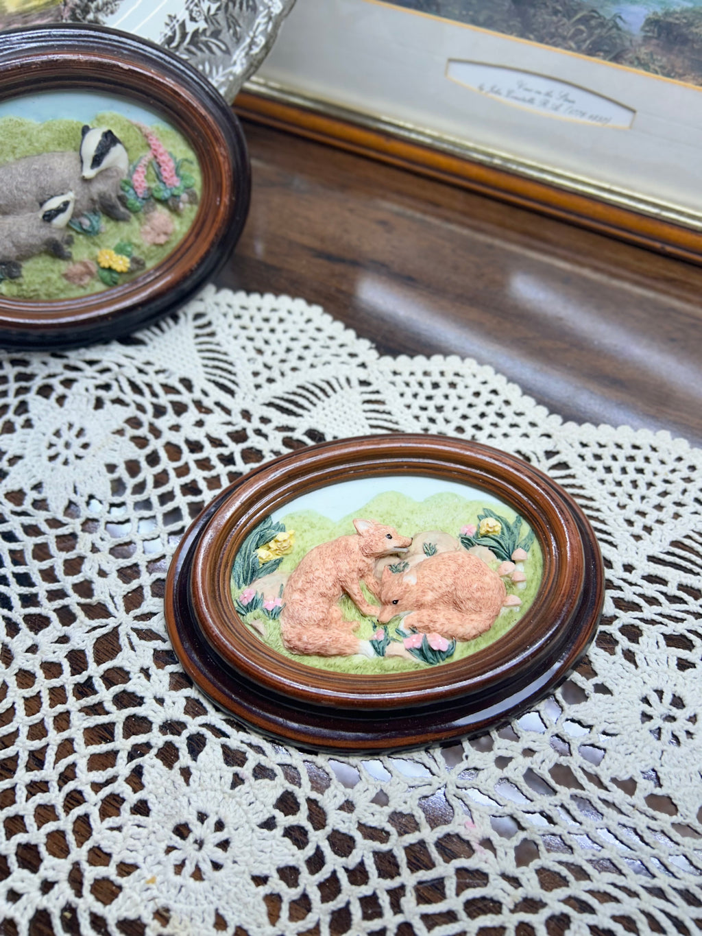 vintage PAIR OF collectible wall plaques ceramic, featuring felted or sculpted designs of British wildlife