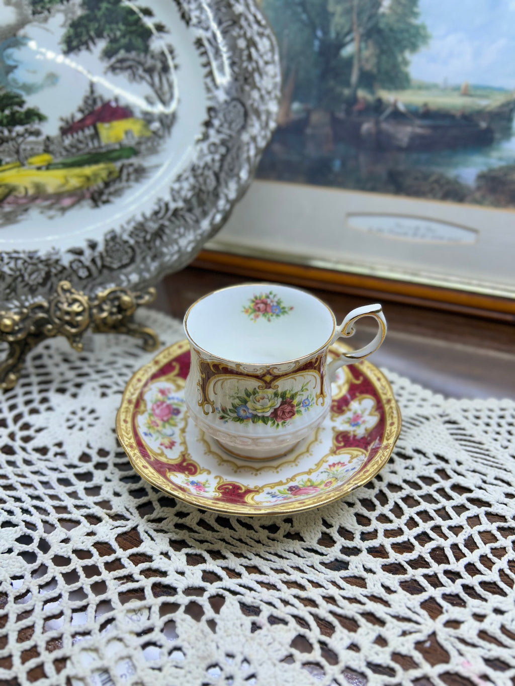 vintage Royal Albert & Queens teacup and saucer in the "Lady Hamilton" pattern — England
