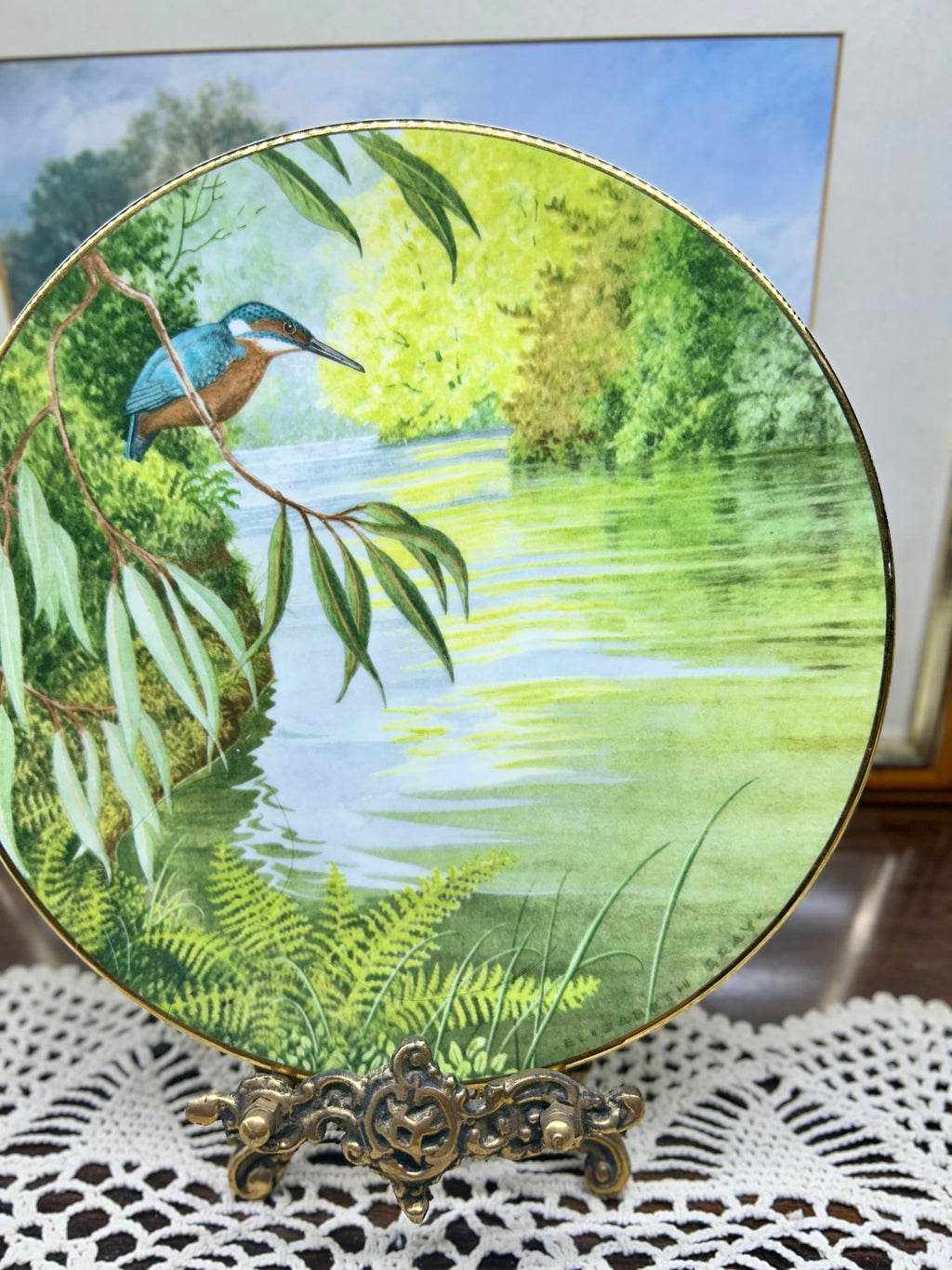 Vintage wall decorative Royal Doulton collector plate titled "The Riverside Kingfisher" — England