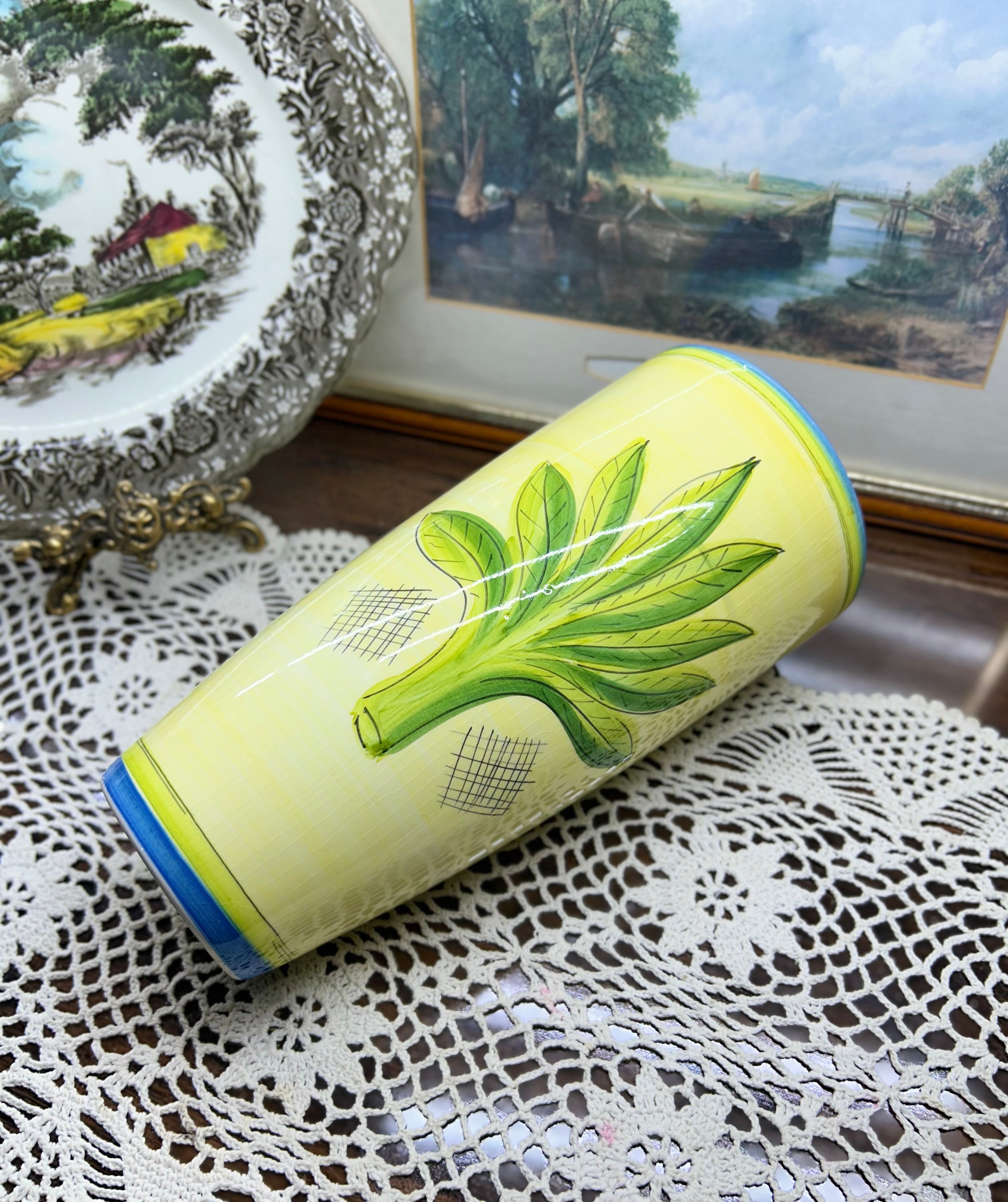 Artisanal pottery ceramic tall vase —  featuring a hand-painted botanical design 12”