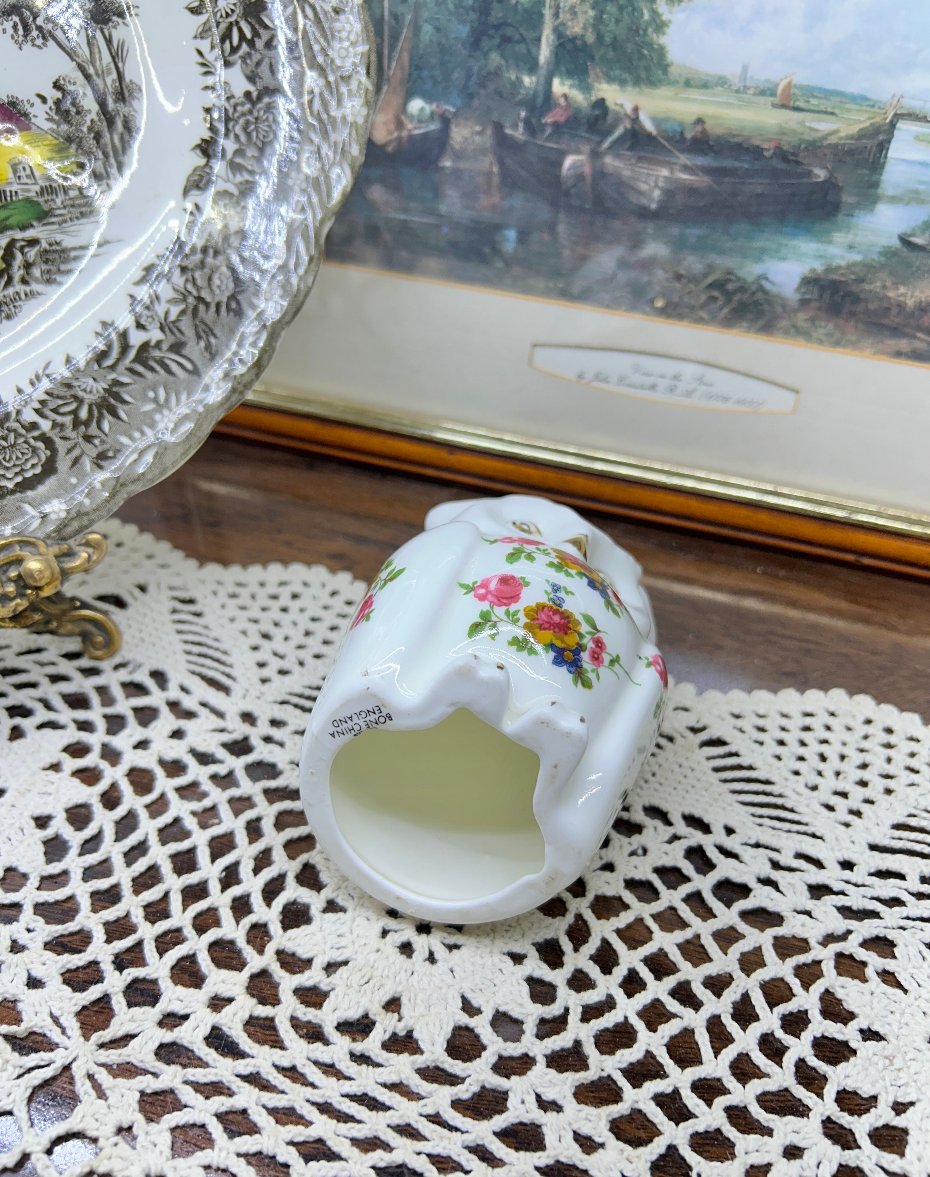 Crown Staffordshire owl ornament features a "Cottage Garden" floral pattern and gold accents — England