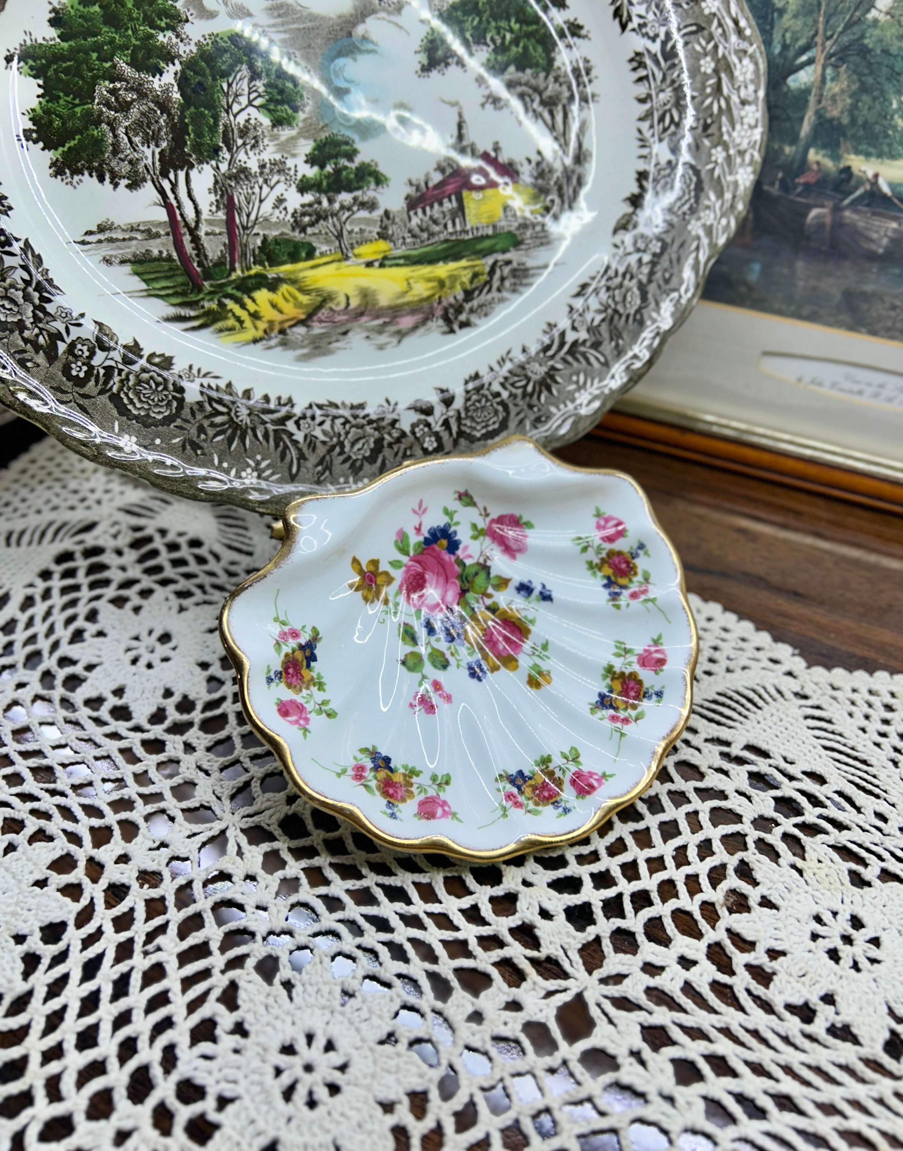 vintage fenton floral rose pattern scalloped trinket dish — fine bone china  5”