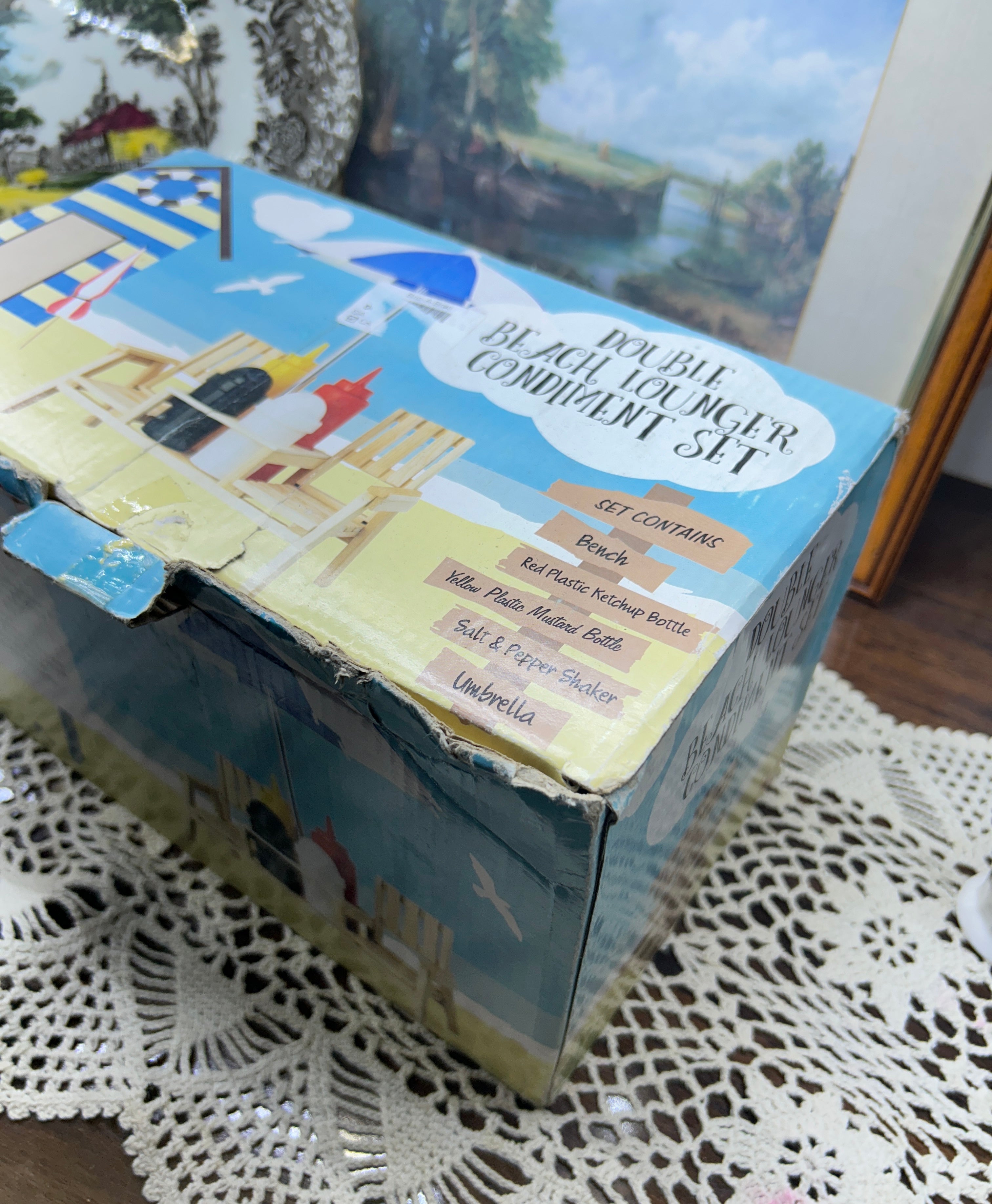 Double Beach Lounger Condiment Set" featuring a beach-themed  design