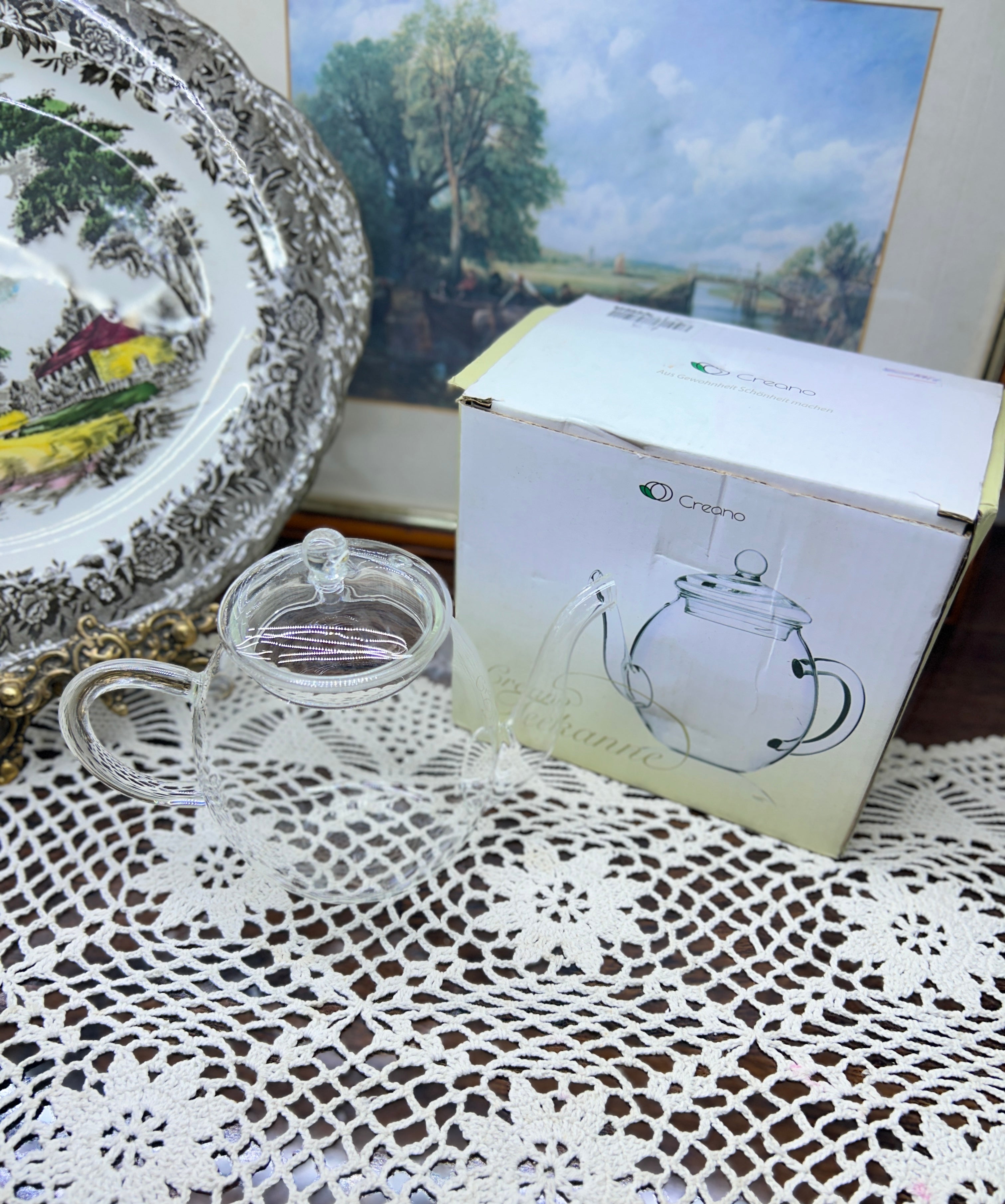 Creano brand 500ml glass teapot designed for blooming tea — boxed