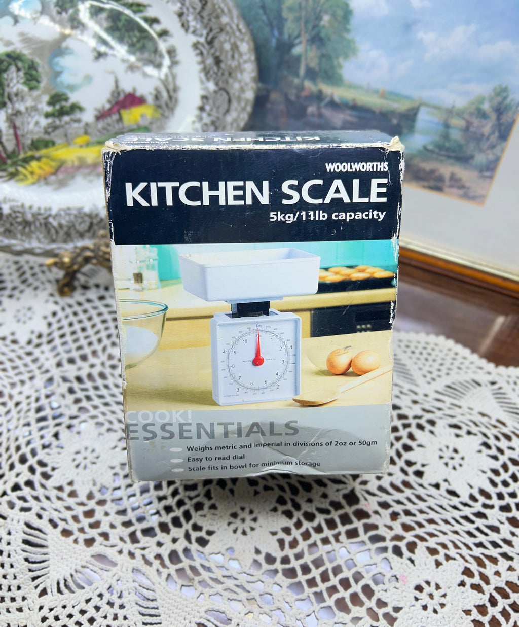 Woolworths Cook Essentials mechanical kitchen scale with a 5kg/11lb capacity — boxed