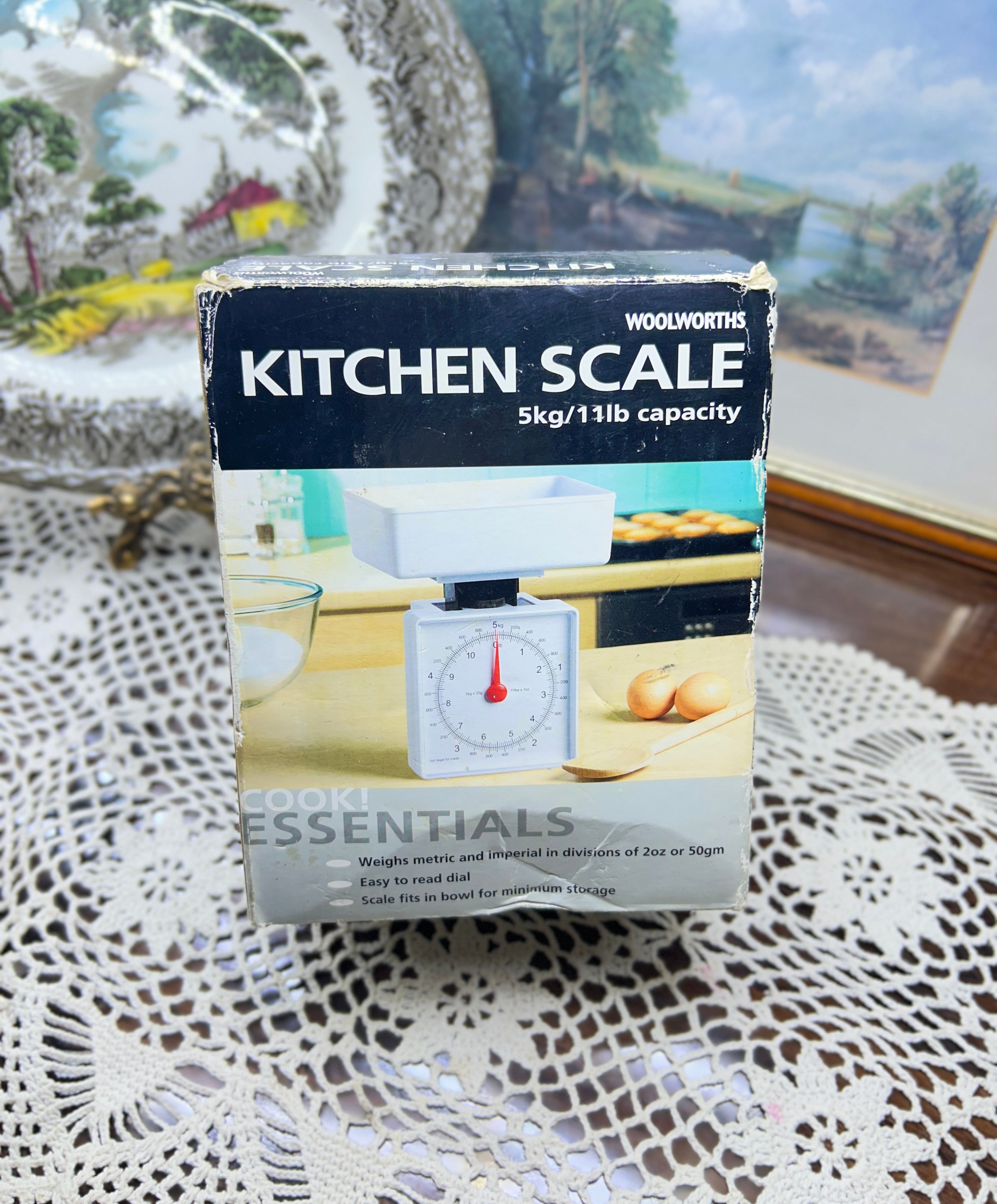 Woolworths Cook Essentials mechanical kitchen scale with a 5kg/11lb capacity — boxed