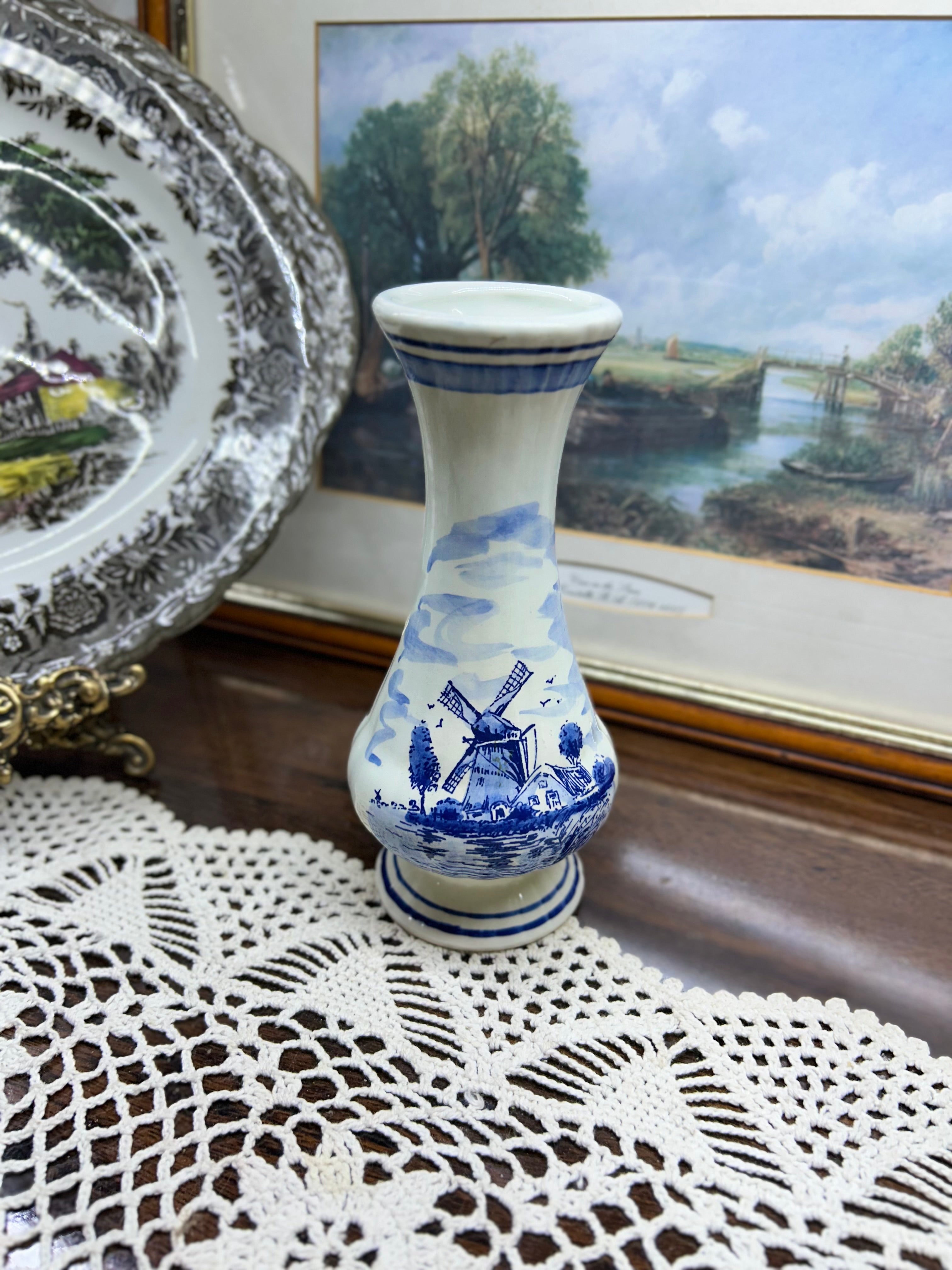 Vintage Delft Blue Holland porcelain vase, hand-painted with a Dutch windmill landscape scene.