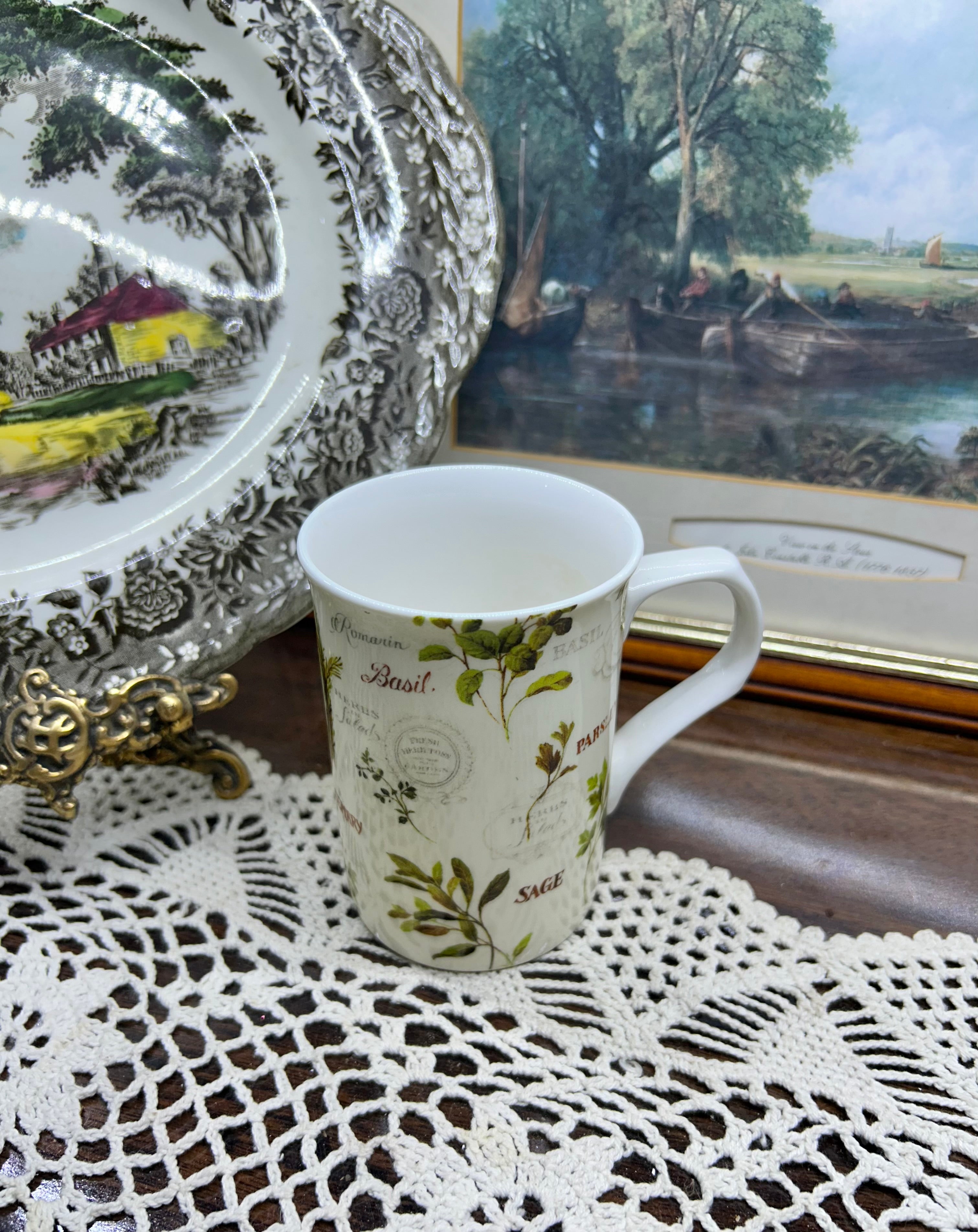 Botanical herb garden design tea mug — fine bone China