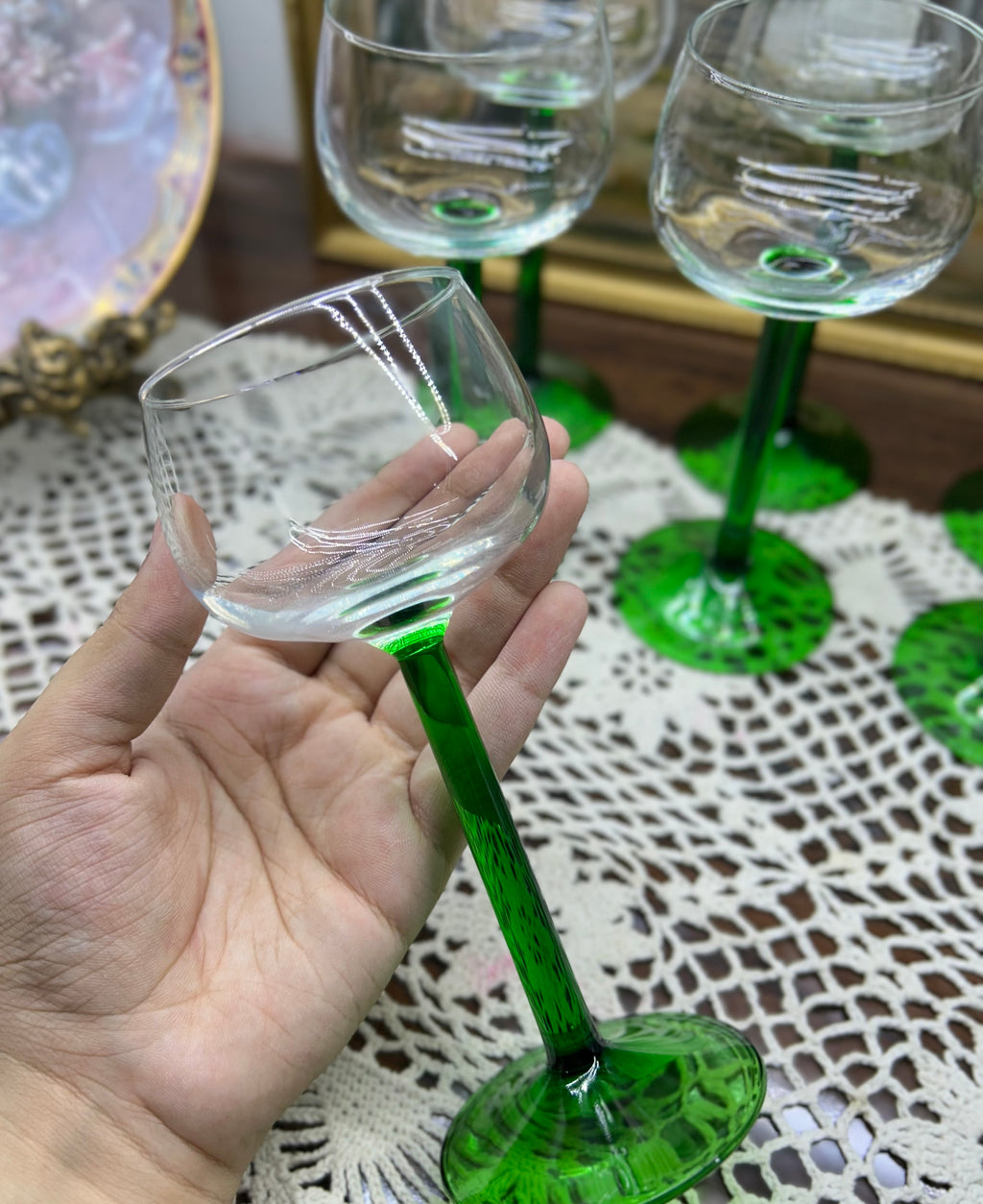 Luminarc wine glasses featuring distinctive green stems and bases — Set of 7