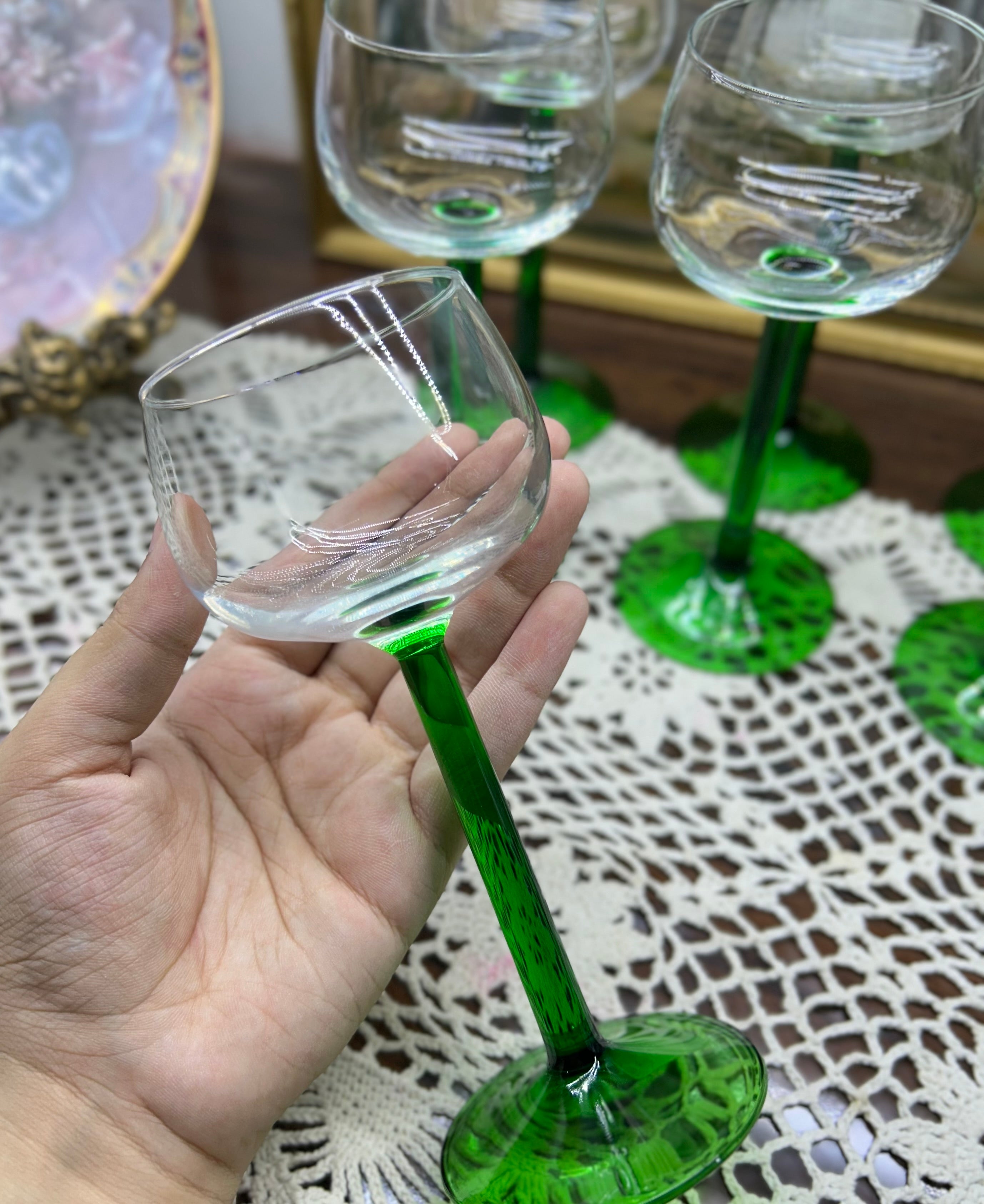 Luminarc wine glasses featuring distinctive green stems and bases — Set of 7