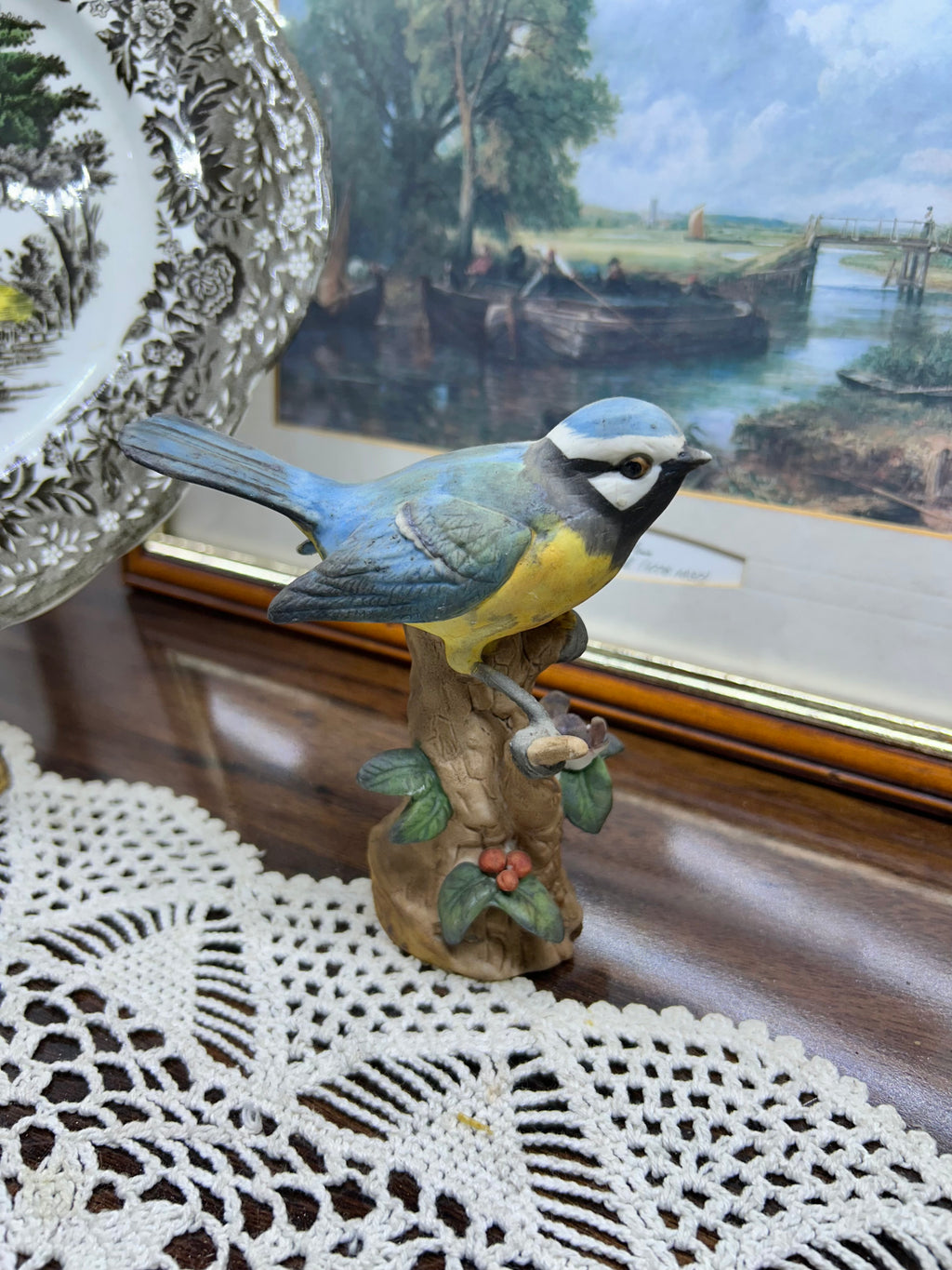 Vintage Blue tit bird figurine — handpainted ceramic