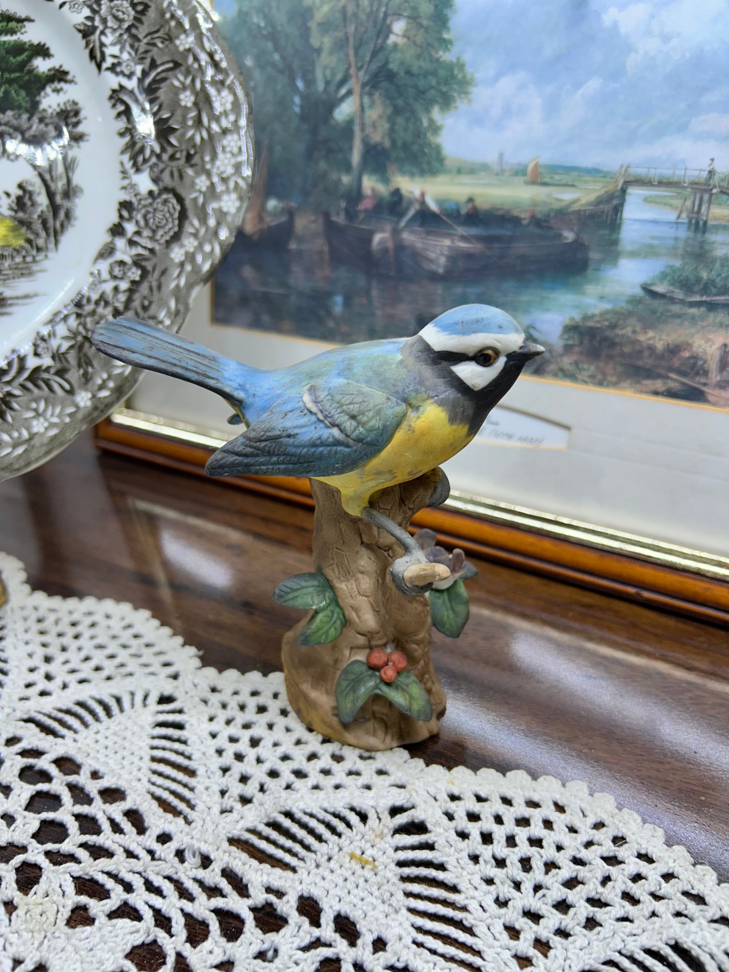 Vintage Blue tit bird figurine — handpainted ceramic