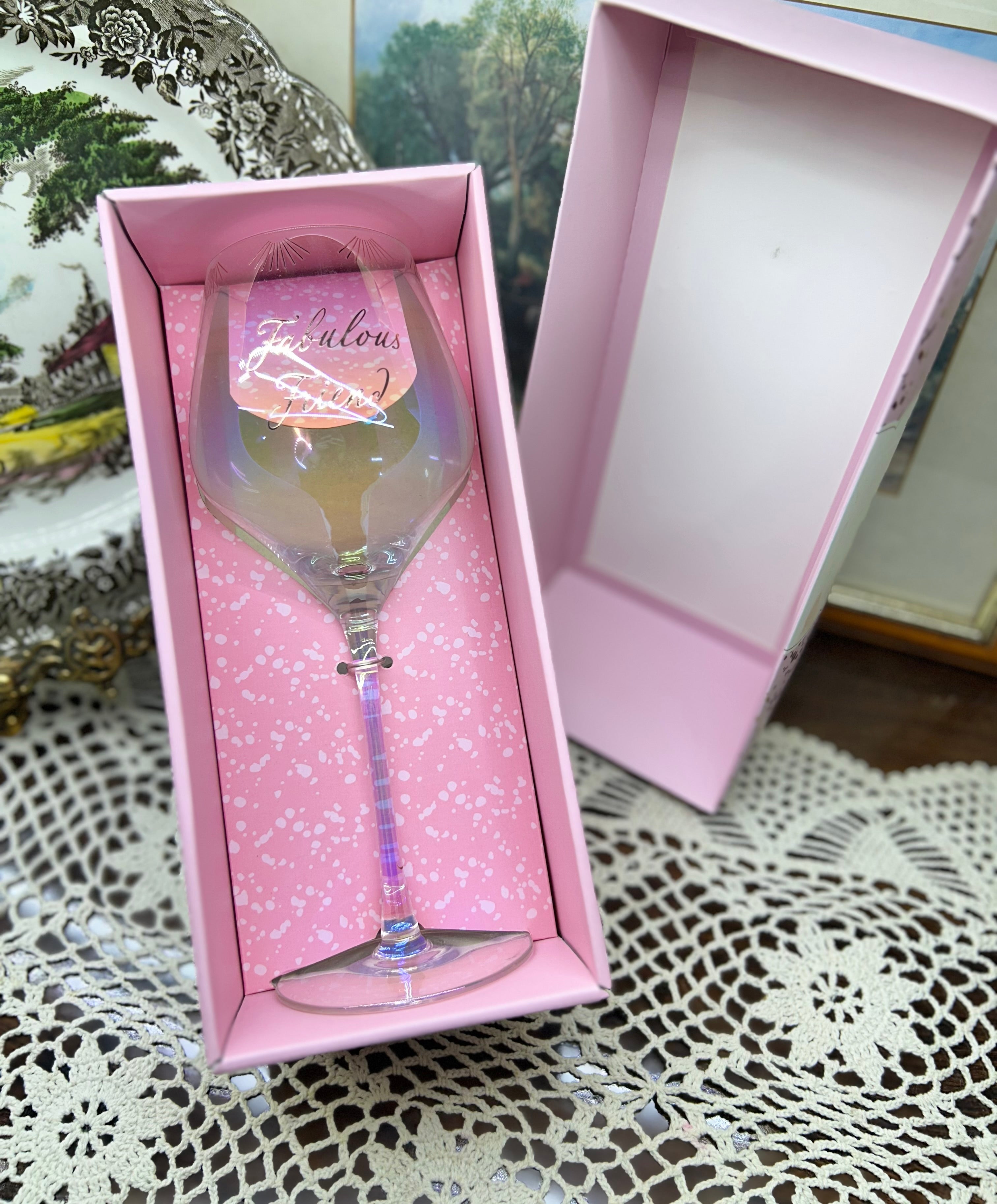 Card Factory "Fabulous Friend" wine glass features an iridescent tint and a matching gift box