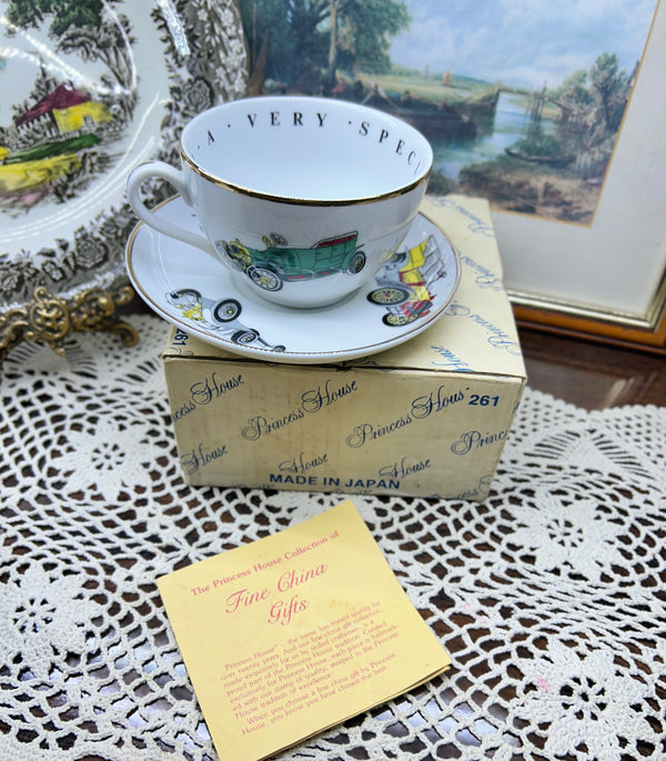 vintage Princess House cup and saucer set with antique car illustrations — Rare find