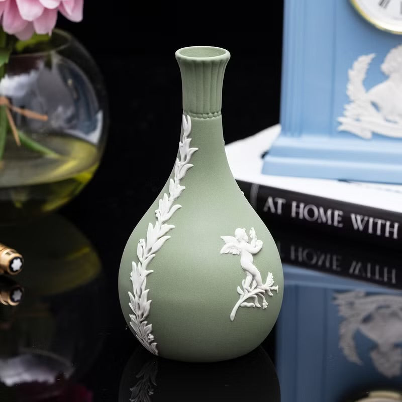 Vintage Wedgwood Jasperware Bud Vase Sage Green w Cherub & Floral Design 5”