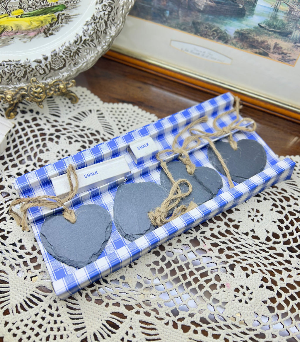 Bistro Bleu branded set of heart-shaped slate place settings with twine & chalk