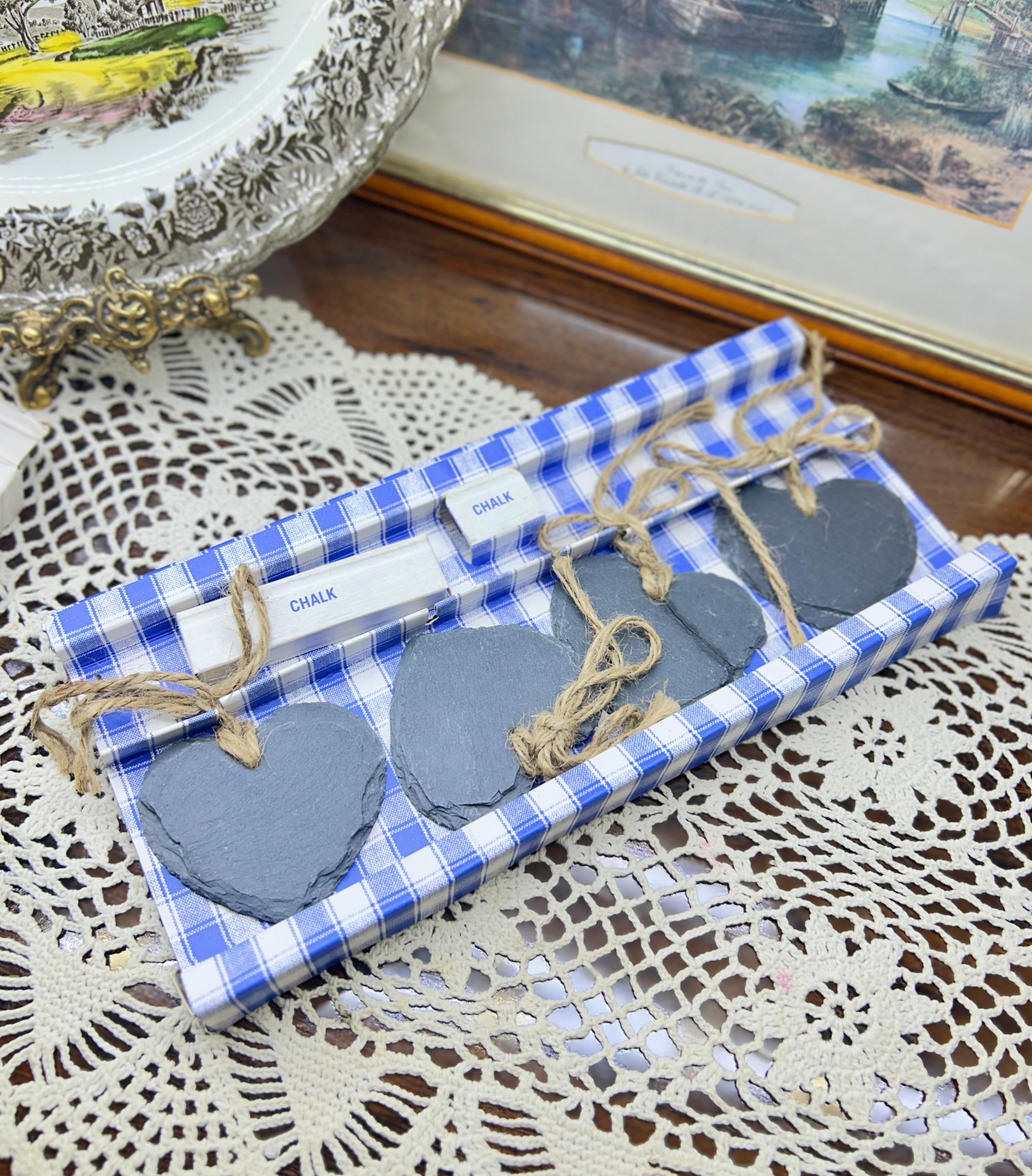 Bistro Bleu branded set of heart-shaped slate place settings with twine & chalk