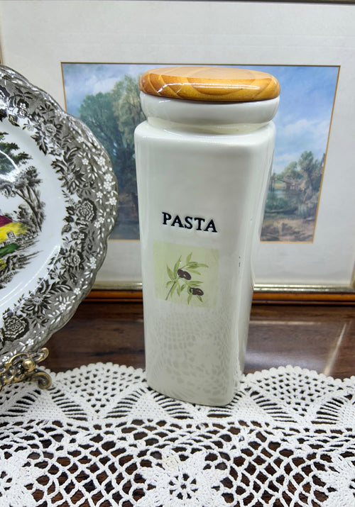 Ceramic pasta jar with wooden lid, height 10”