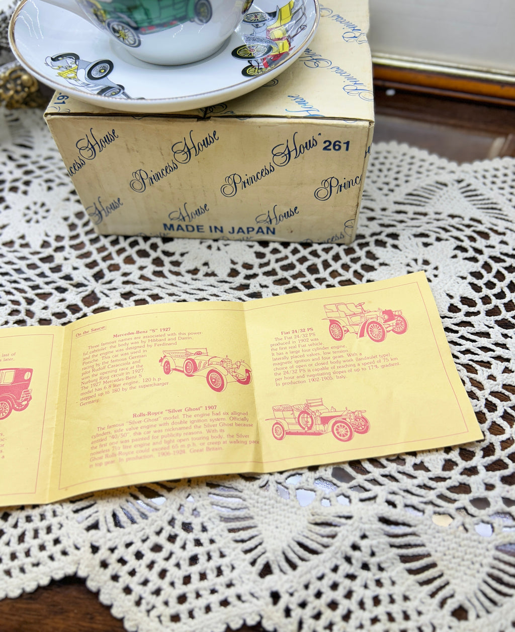 vintage Princess House cup and saucer set with antique car illustrations — Rare find