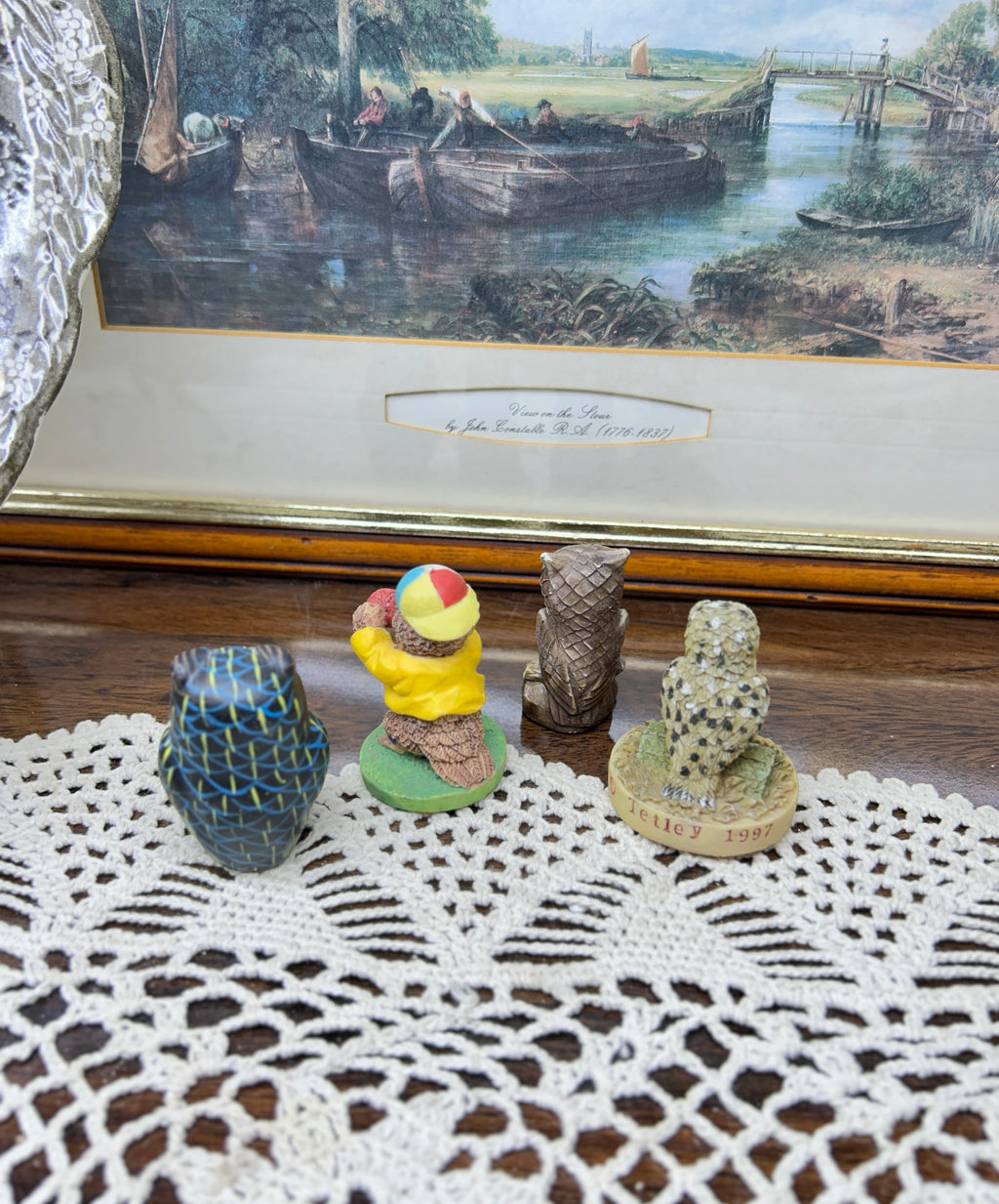 Vintage retro resin hand-painted owl figurines — set of four
