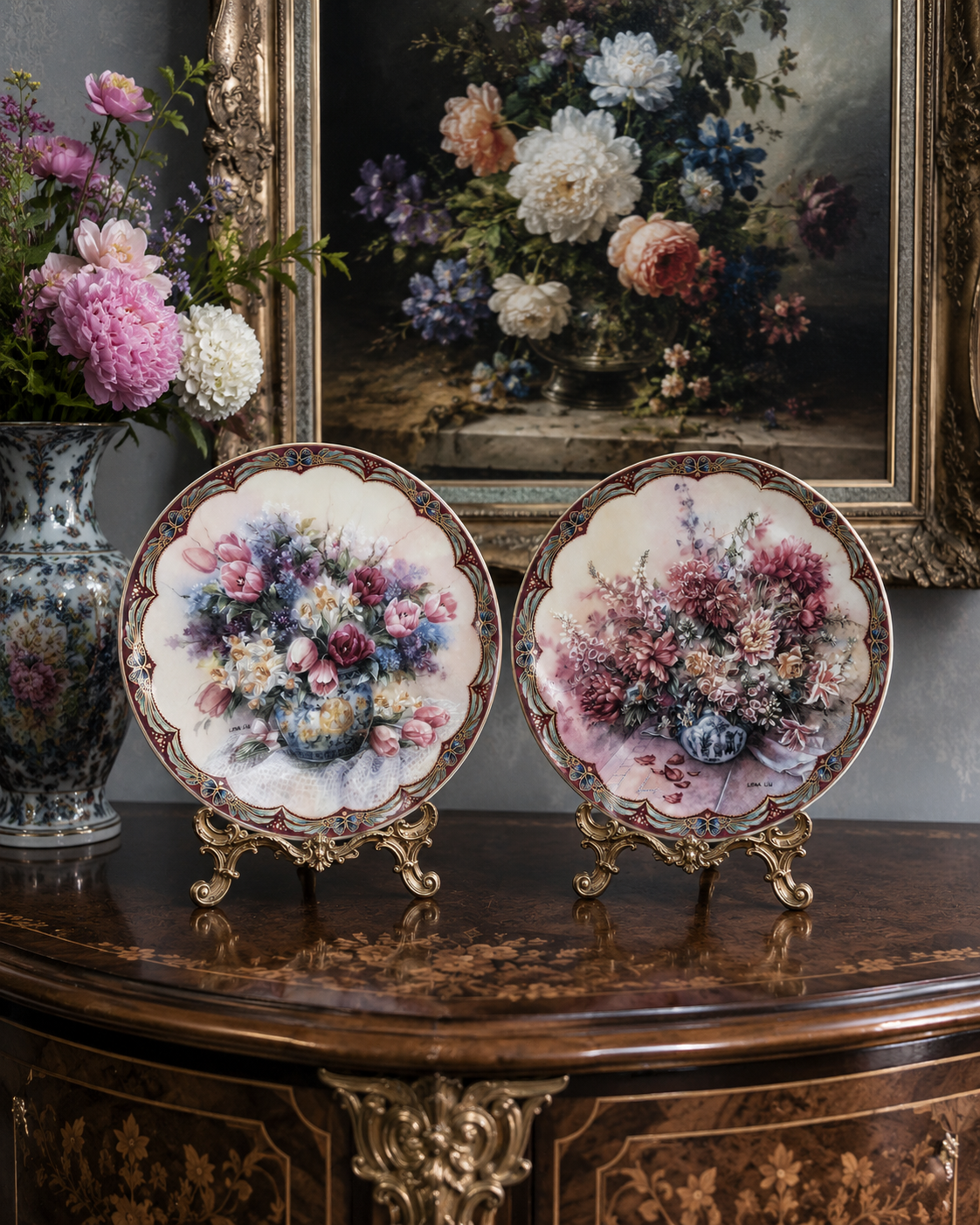 Rare pair of 1992 limited edition “Floral Playmates” collector’s plates by Lena Liu — with 22 karat gold