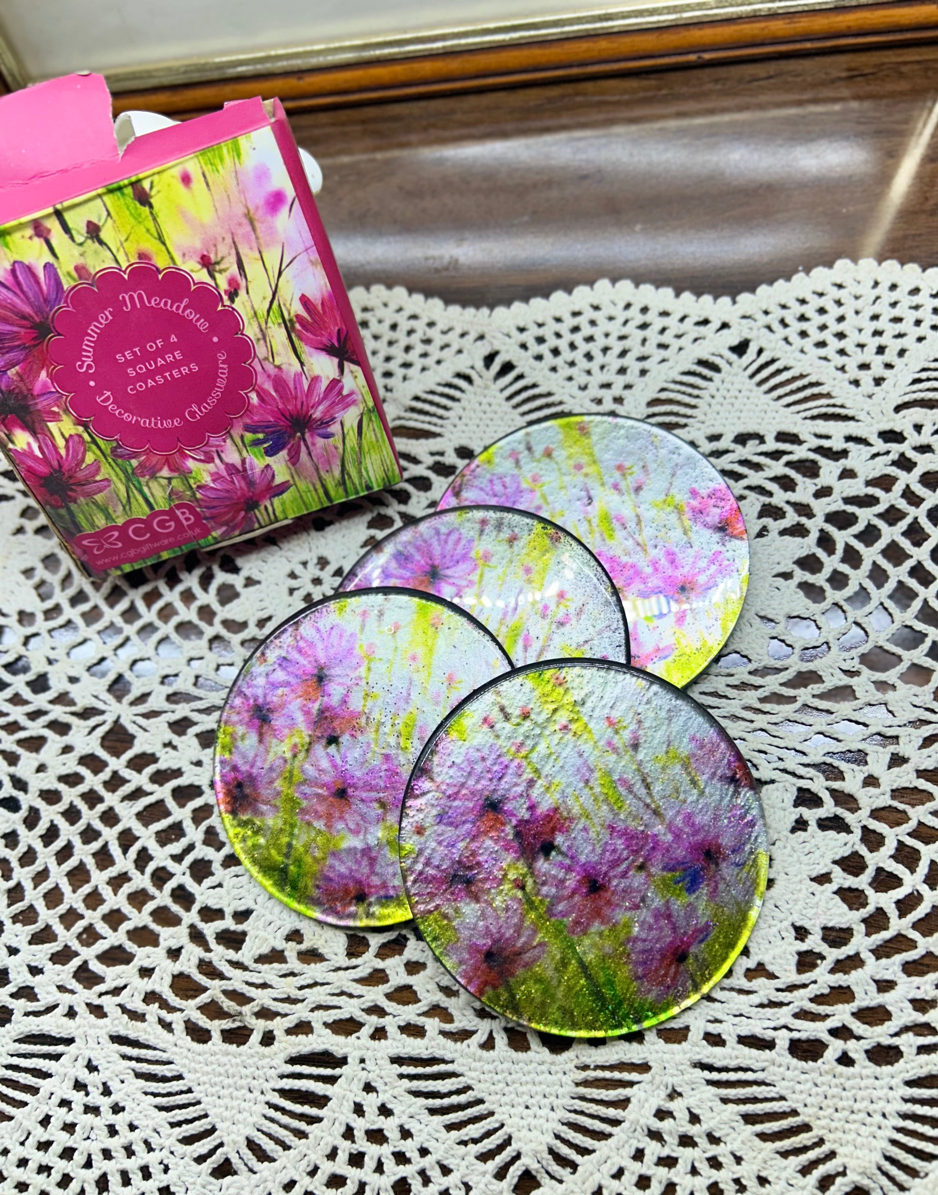 Set of 4 “Summer Meadow" decorative glass coasters by CGB.