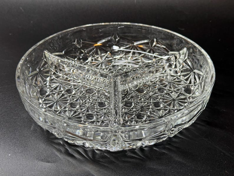 French Crystal Cut Glass “Daisy & button” divided dish — Boxed