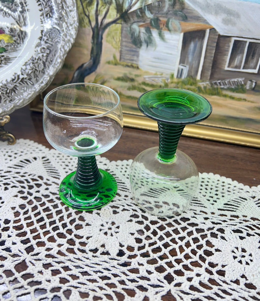 vintage Luminarc French "Römer" wine glasses with green ribbed beehive stems — Set of 2
