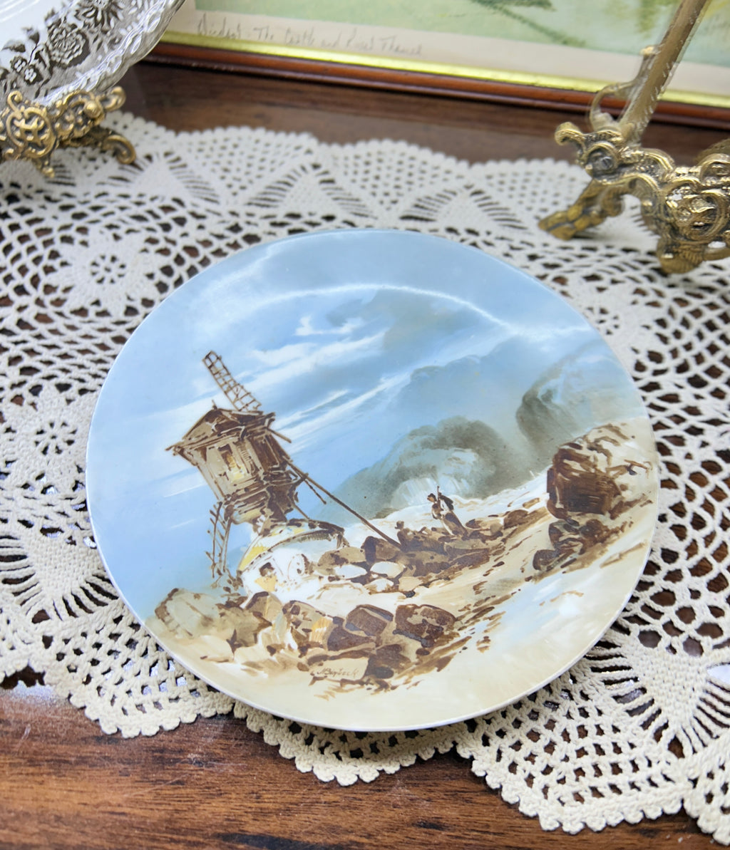 Vintage Dutch scenery hand-painted wall plate with a scene of a rustic windmill landscape 8”