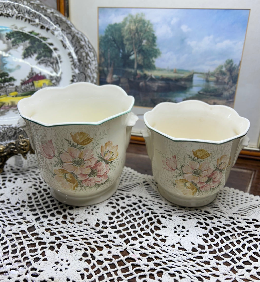 vintage St Michael ceramic planters featuring an “anemone” floral design — PAIR