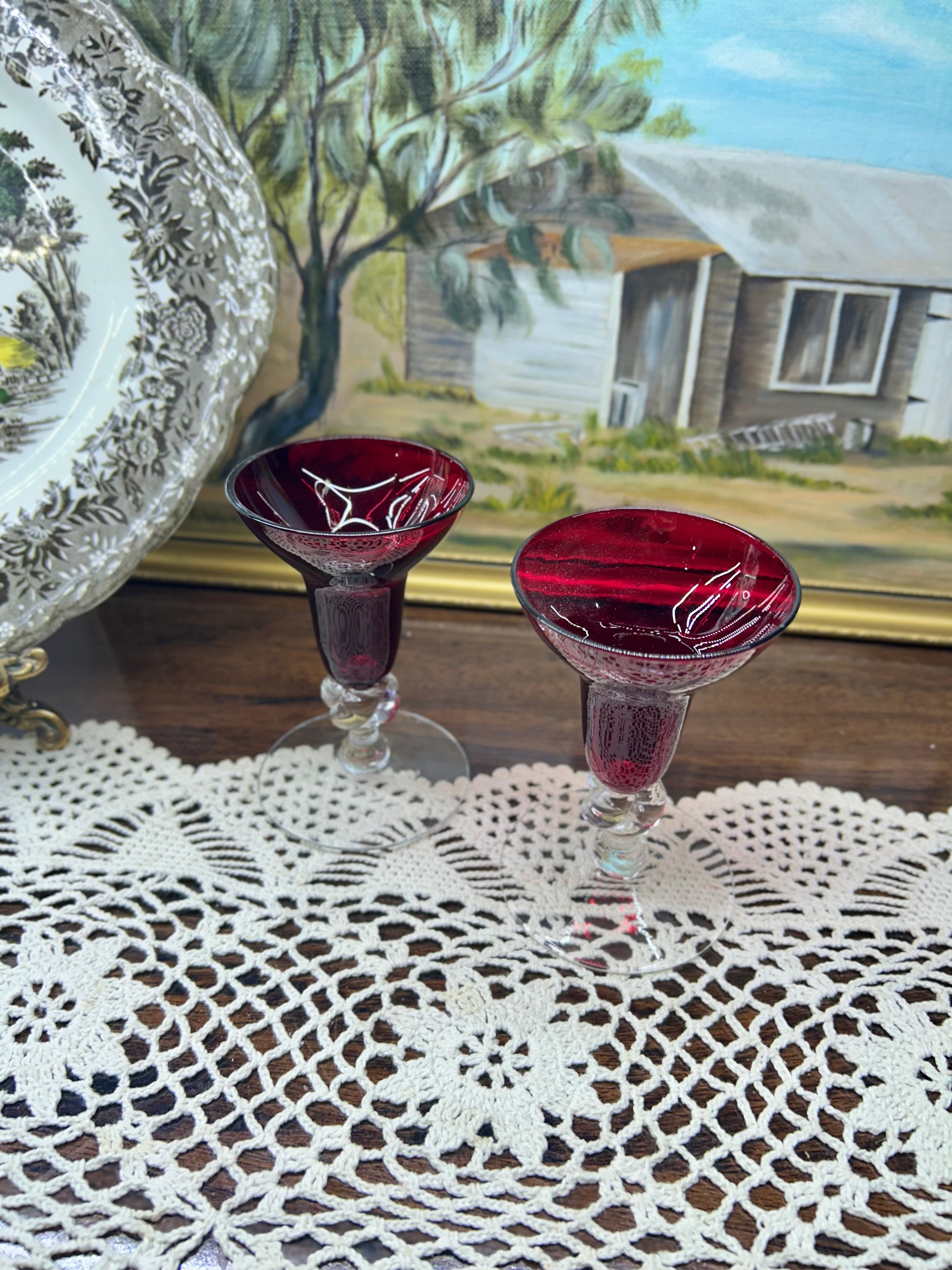 Rare RUBY RED art deco glass candle holders — pair