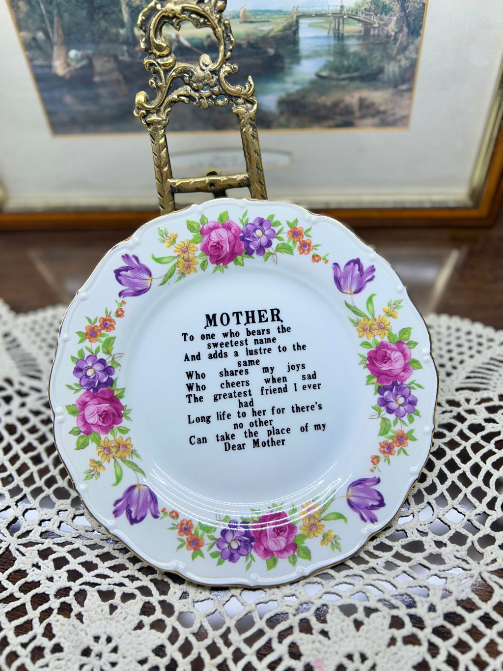 Vintage decorative floral patterned  "Mother" poem plate — Japan