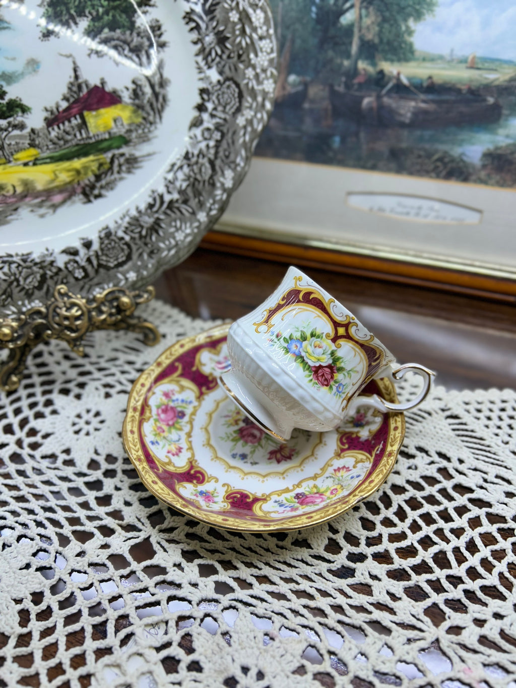 vintage Royal Albert & Queens teacup and saucer in the "Lady Hamilton" pattern — England
