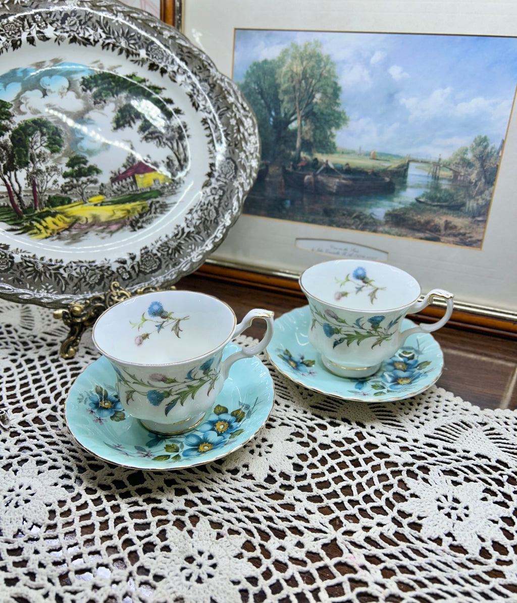 Royal Albert “Brigadoon” teacup and saucer set, featuring a Scottish thistle pattern