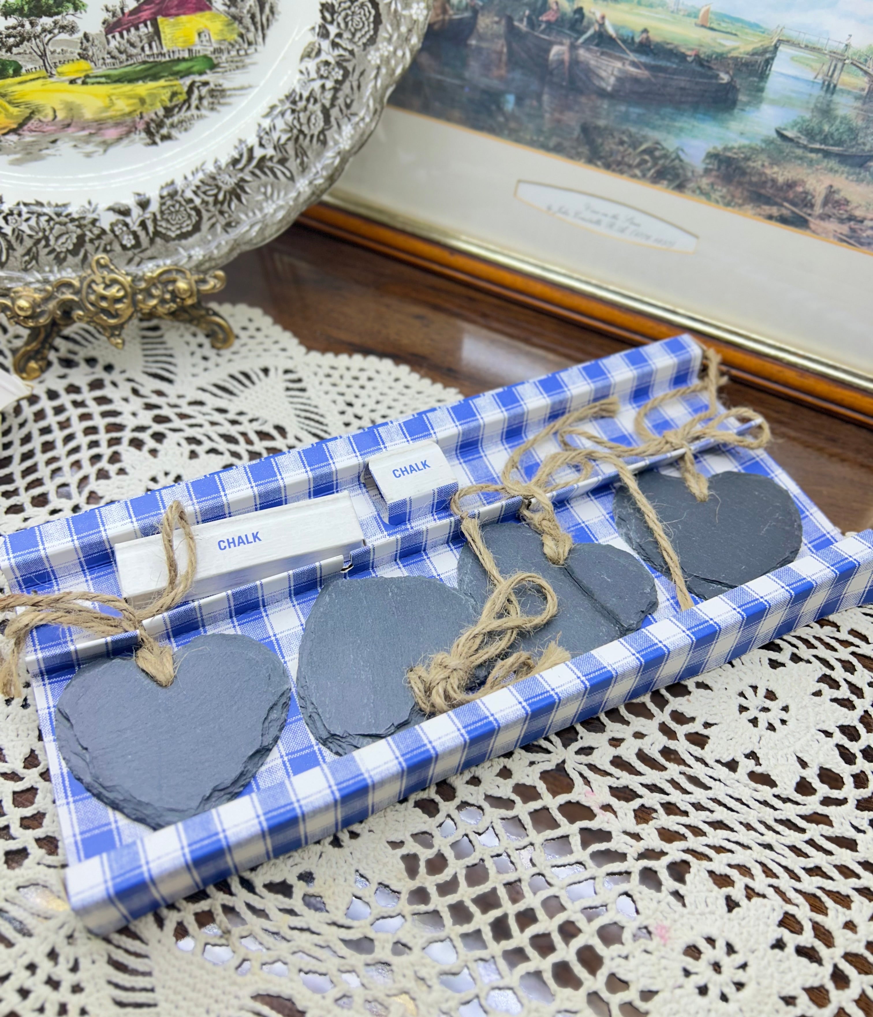 Bistro Bleu branded set of heart-shaped slate place settings with twine & chalk