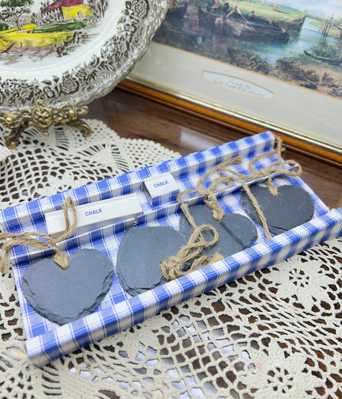 Bistro Bleu branded set of heart-shaped slate place settings with twine & chalk