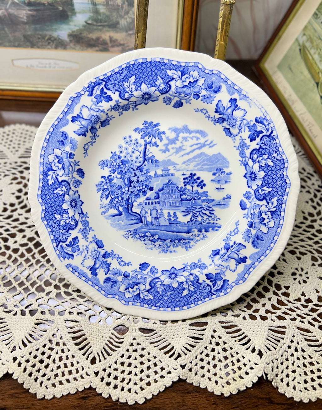 Wood & Sons Seaforth Blue and White Rimmed Soup Bowl, featuring a transferware design of oriental parks and lakes